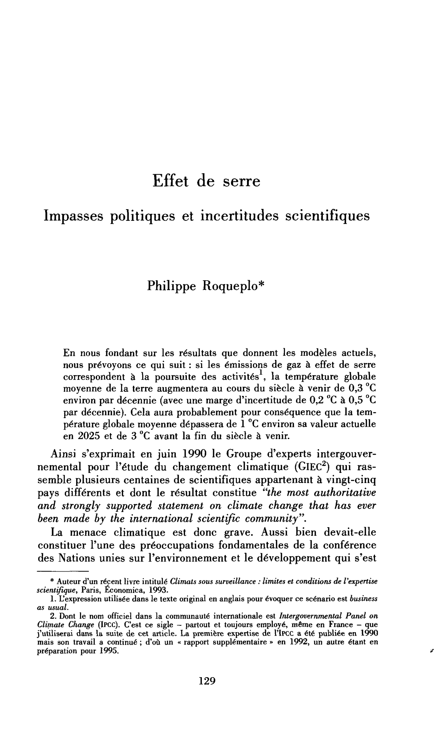 Effet de serre : impasses politiques et incertitudes scientifiques