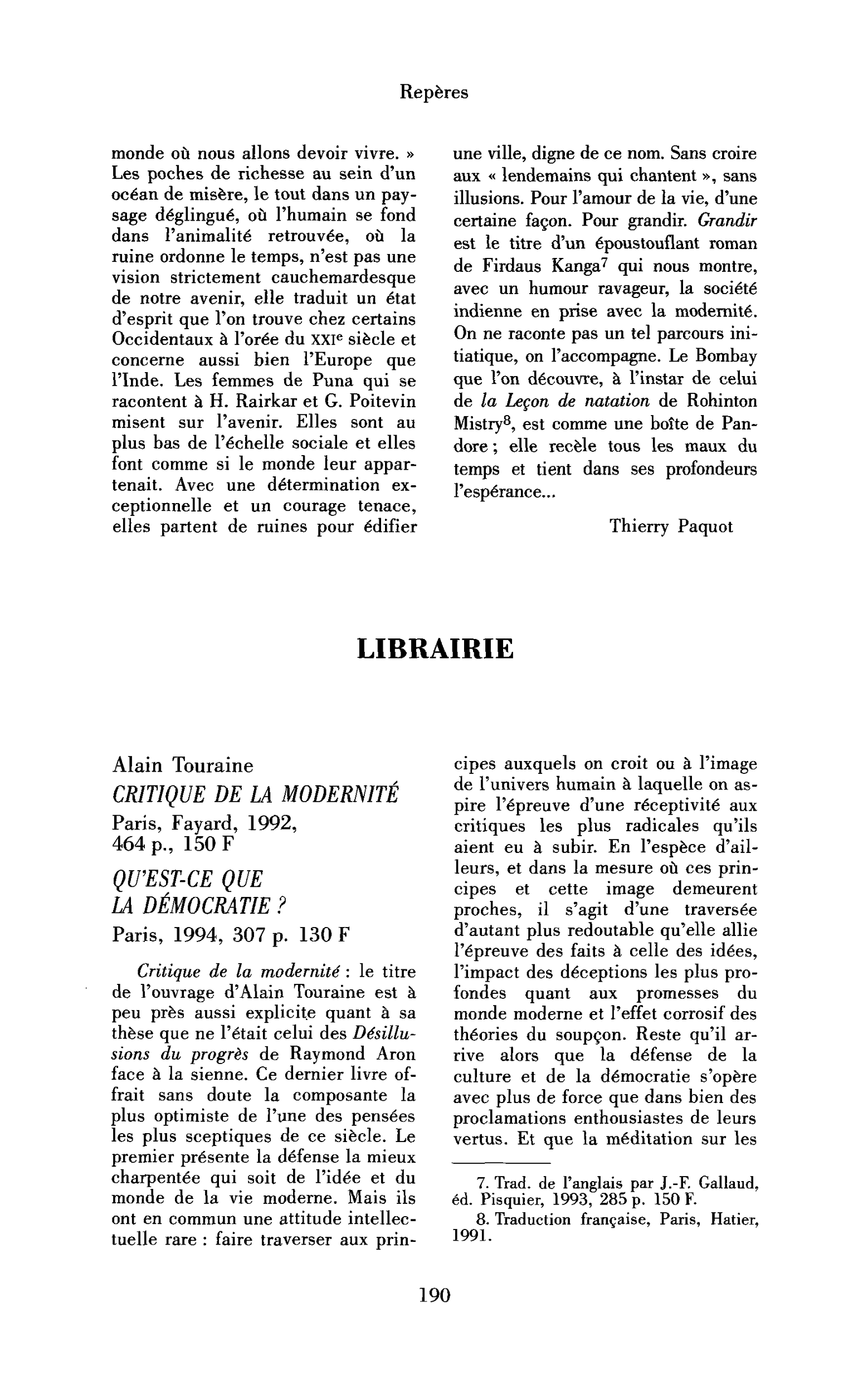 « Alain Touraine : Critique de la modernité ; A. Touraine : Qu’est-ce que la démocratie ? »