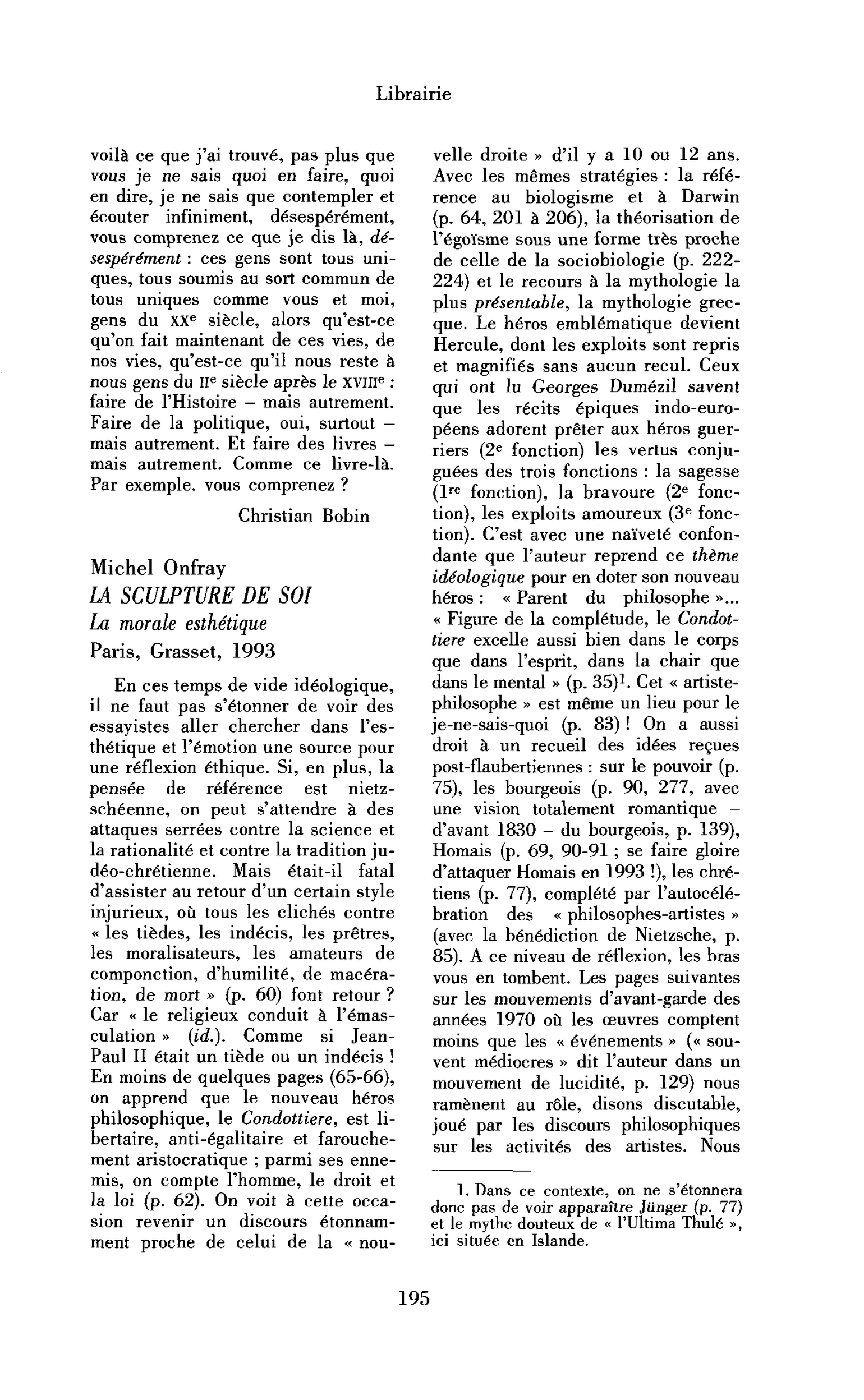 Michel Onfray : la Sculpture de soi. La morale esthétique