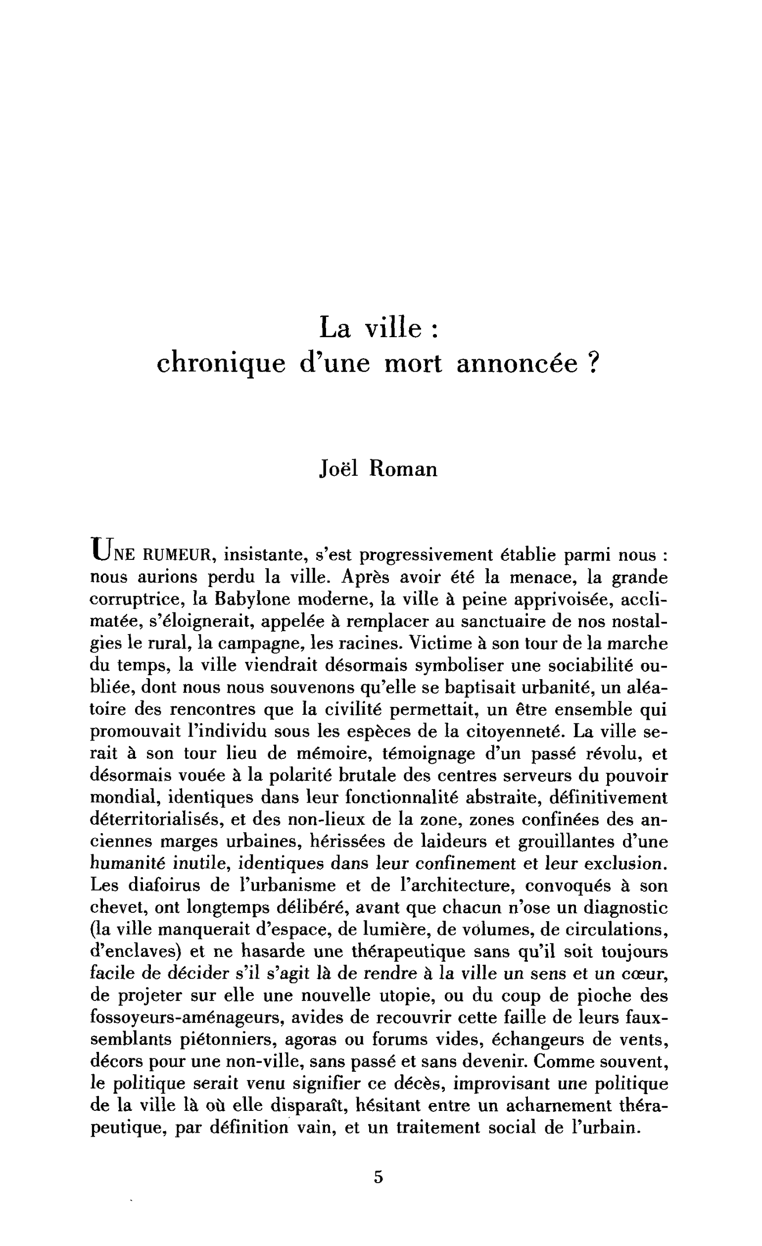 La ville : chronique d’une mort annoncée ?