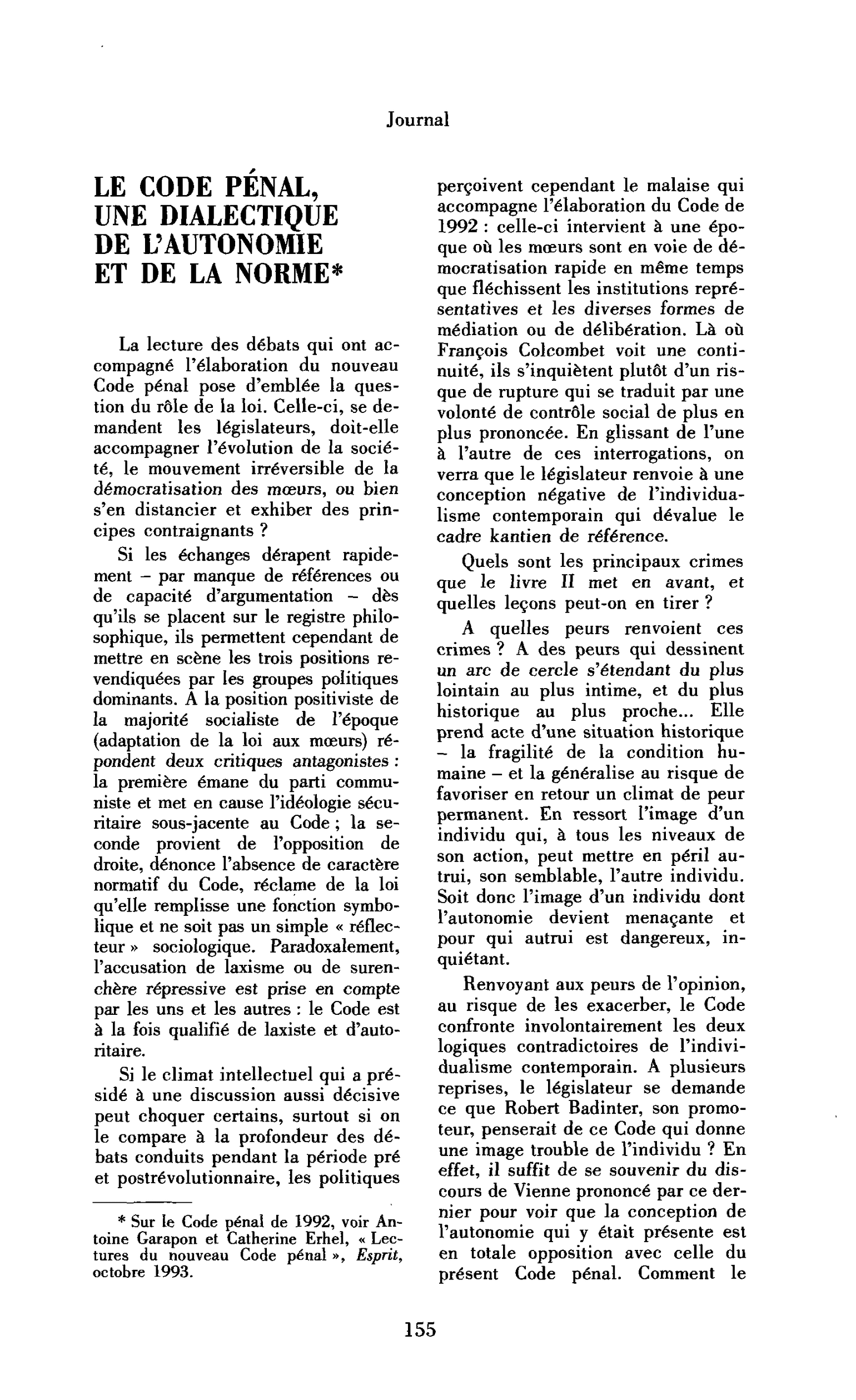 Le Code pénal, une dialectique de l’autonomie et de la norme