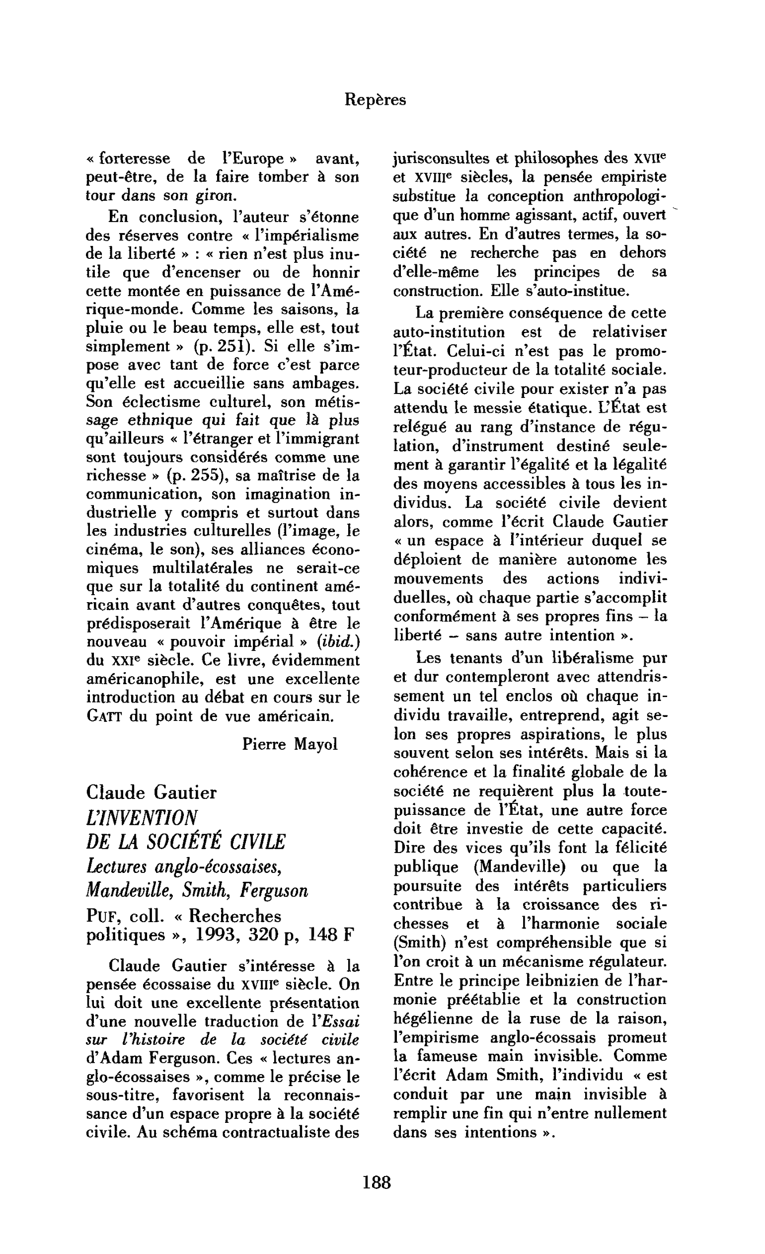Claude Gautier : l’Invention de la société civile. Lectures anglo-écossaises, Mandeville, Smith, Ferguson
