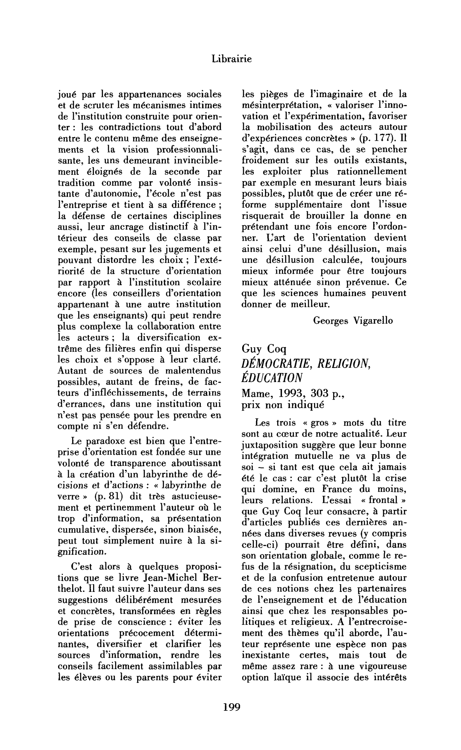 Guy Coq : Démocratie, religion, éducation