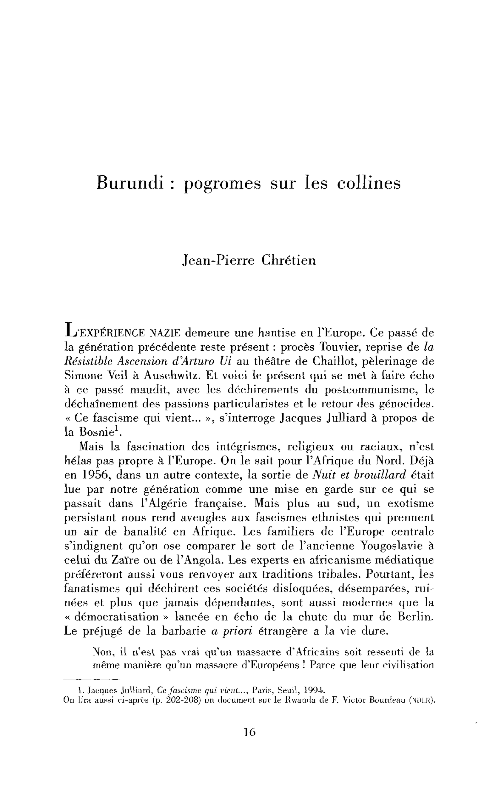 Burundi : pogromes sur les collines