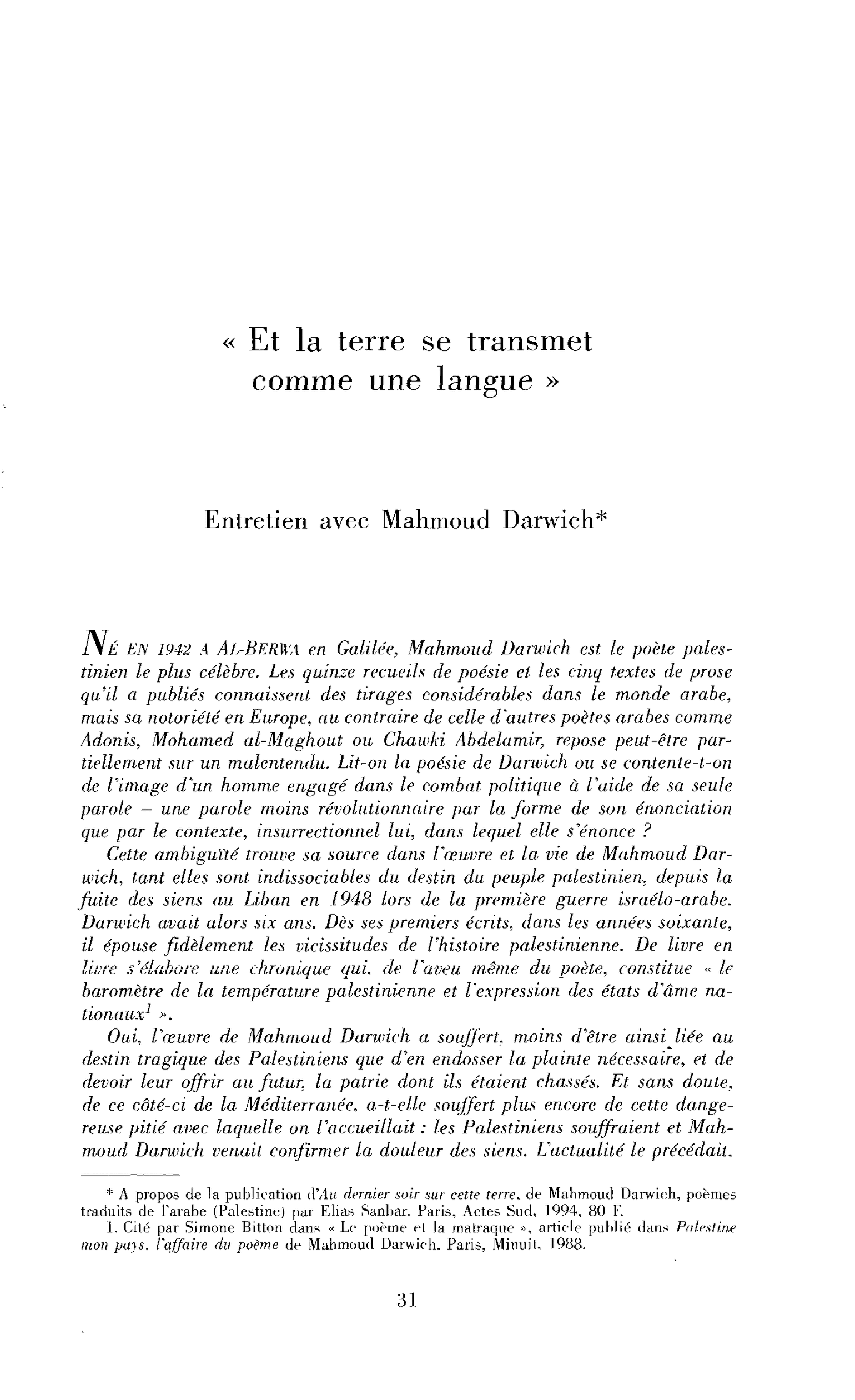 « Et la terre se transmet comme une langue »