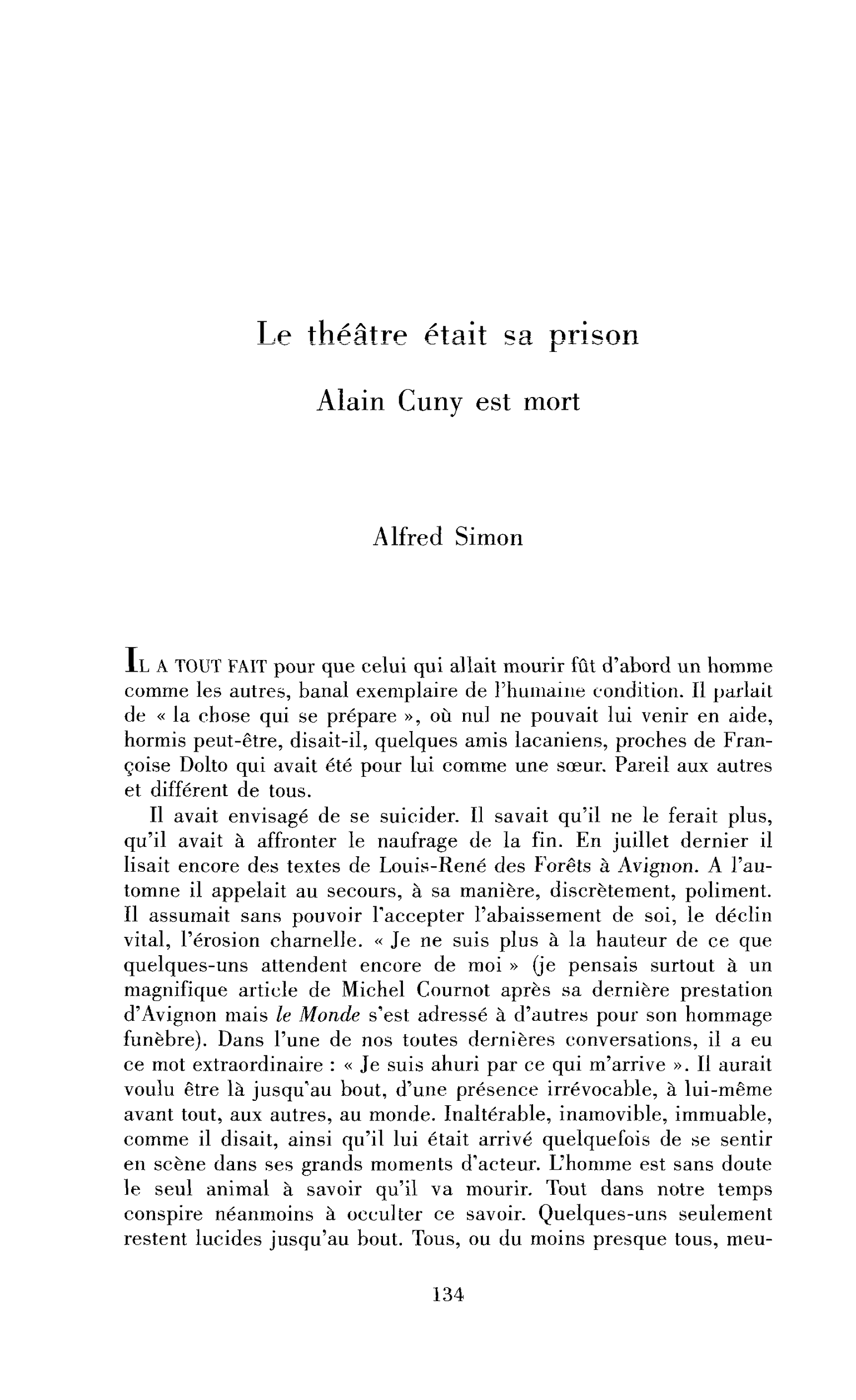 Le théâtre était sa prison. Alain Cuny est mort