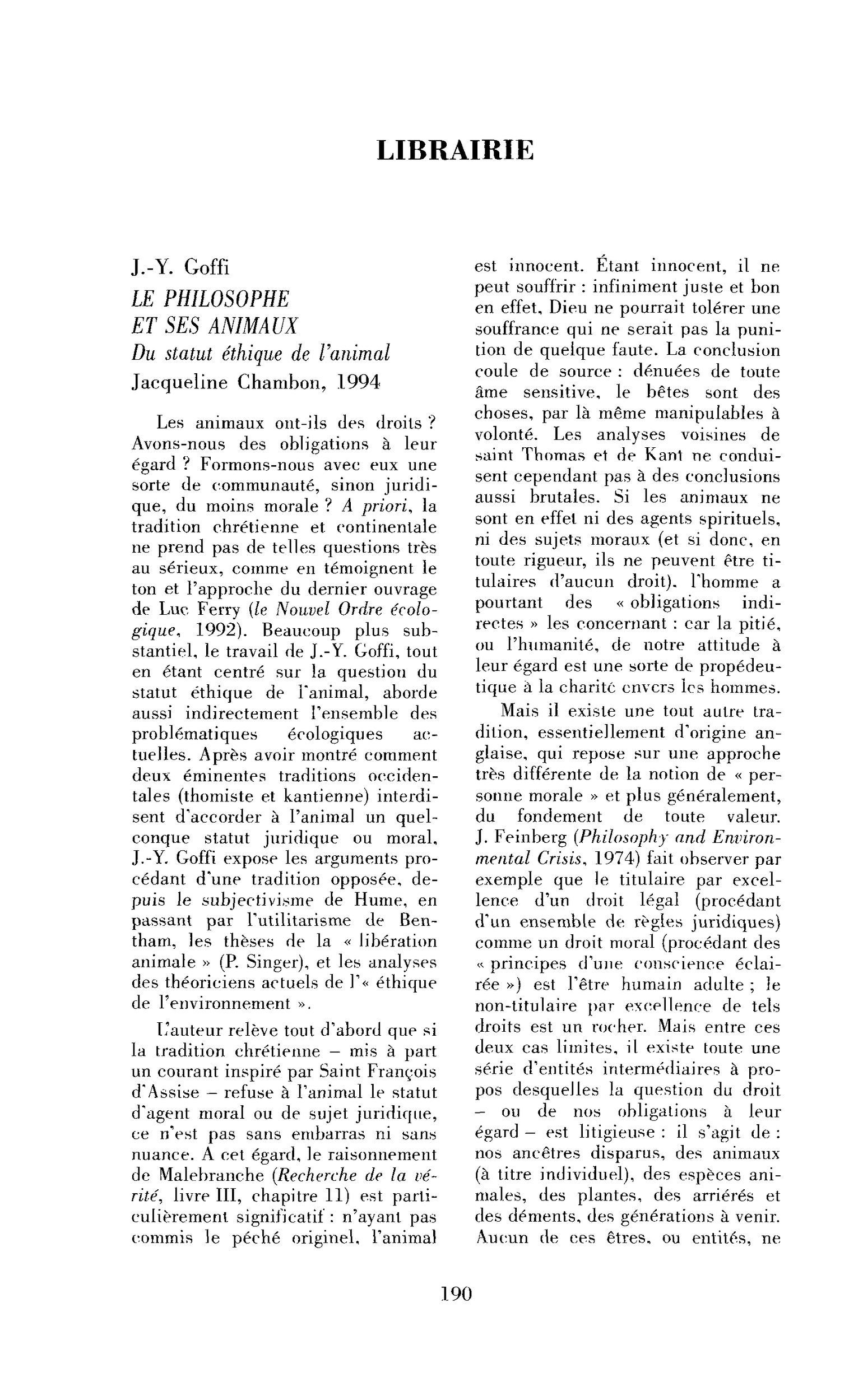 J.-Y. Goffi : le Philosophe et ses animaux. Du statut éthique de l’animal