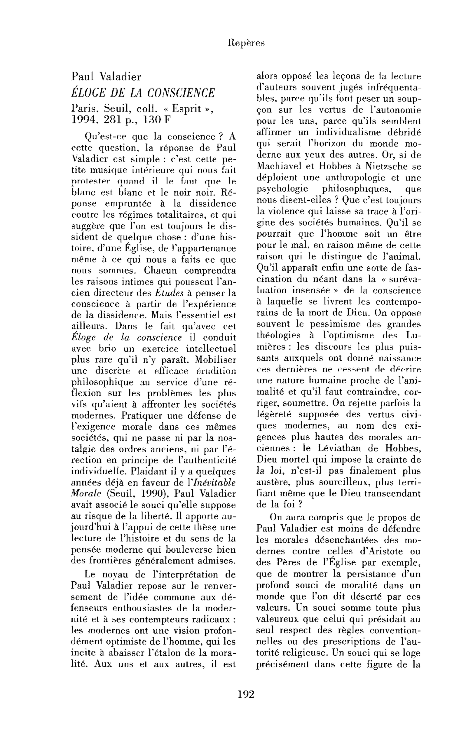 Paul Valadier : Éloge de la conscience