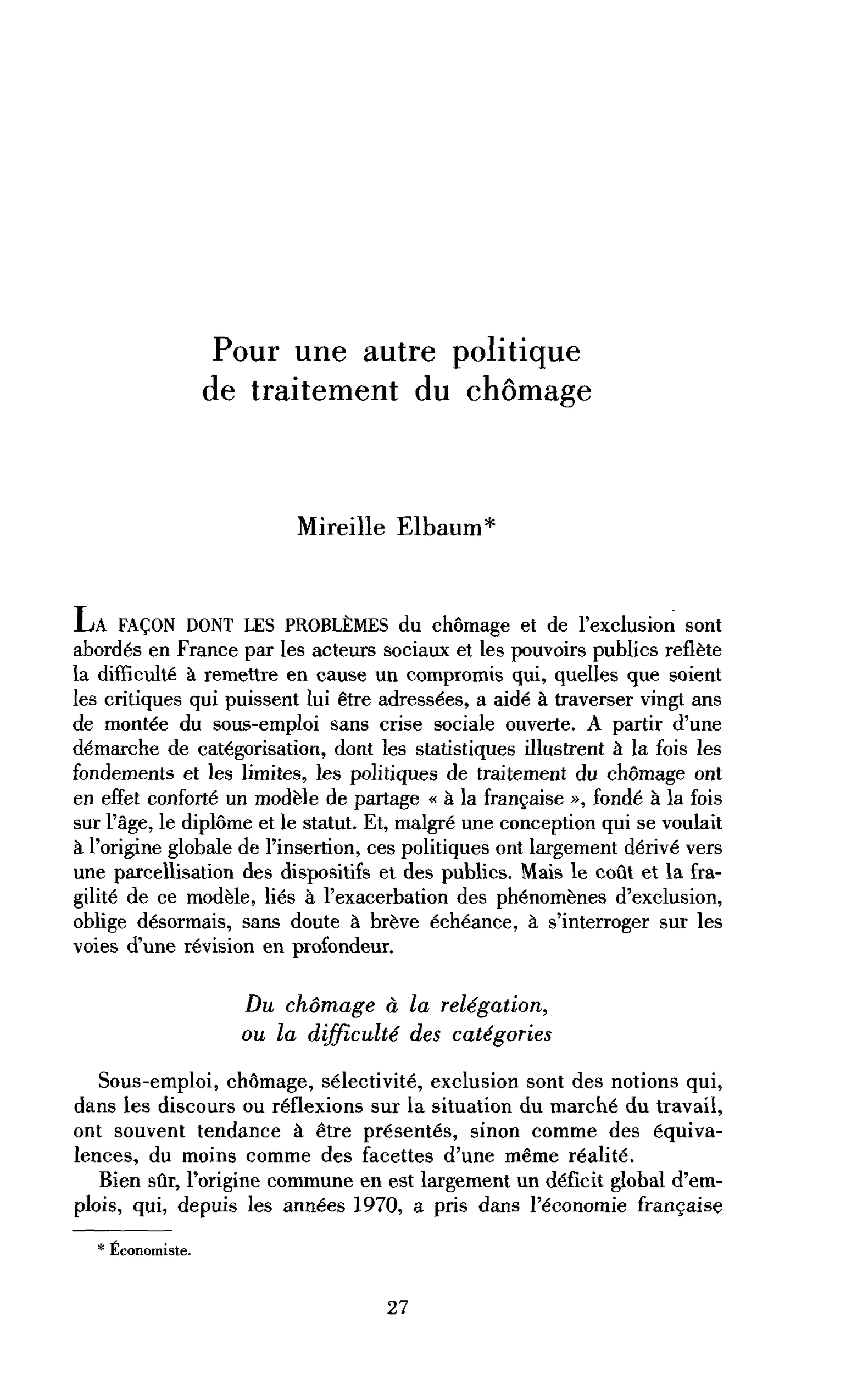 Pour une autre politique du traitement du chômage