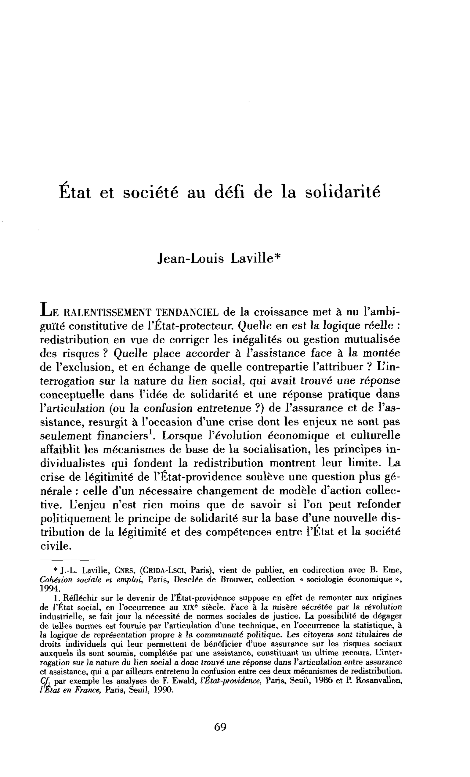État et société au défi de la solidarité