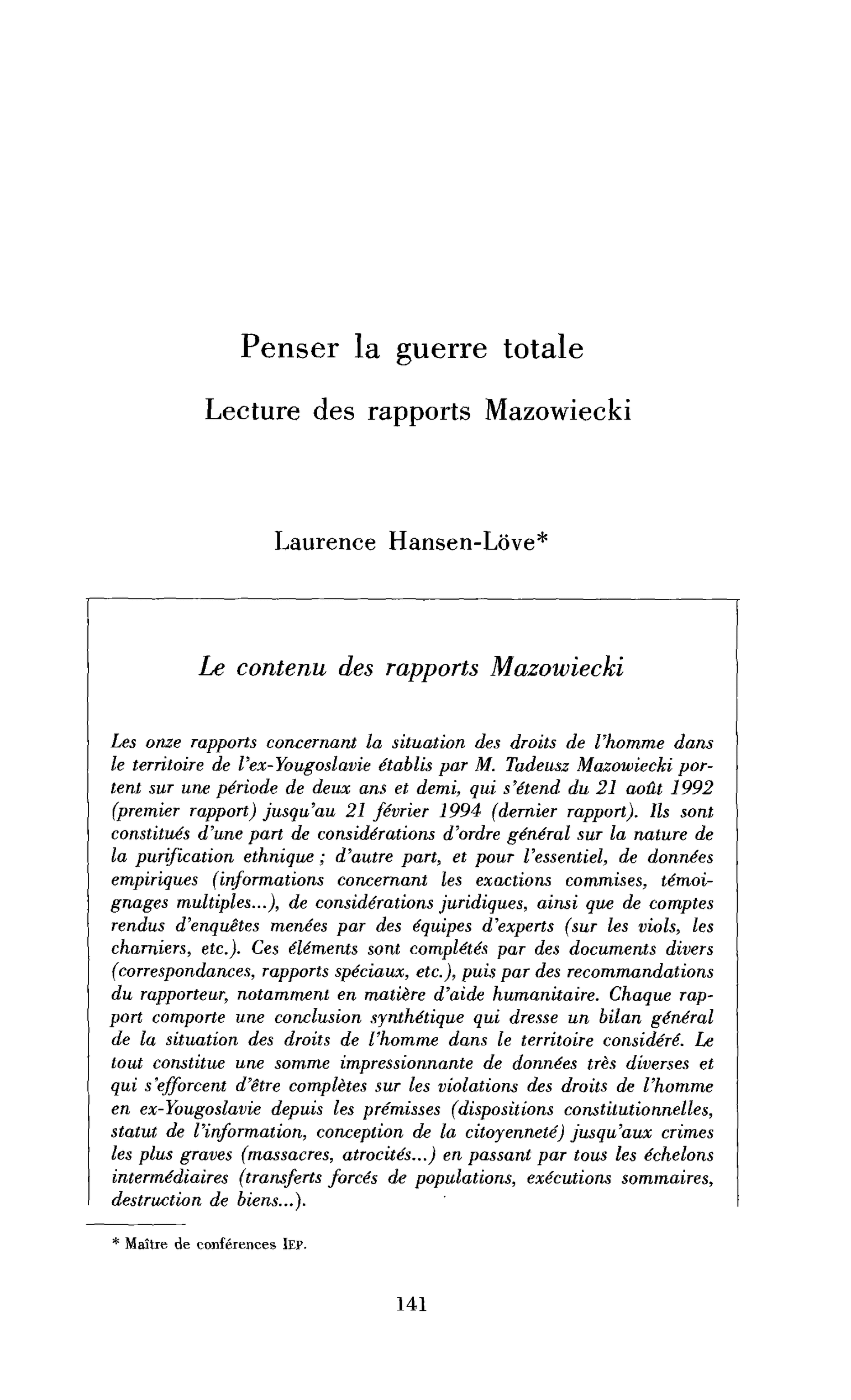 Penser la guerre totale. Lecture des rapports Mazowiecki