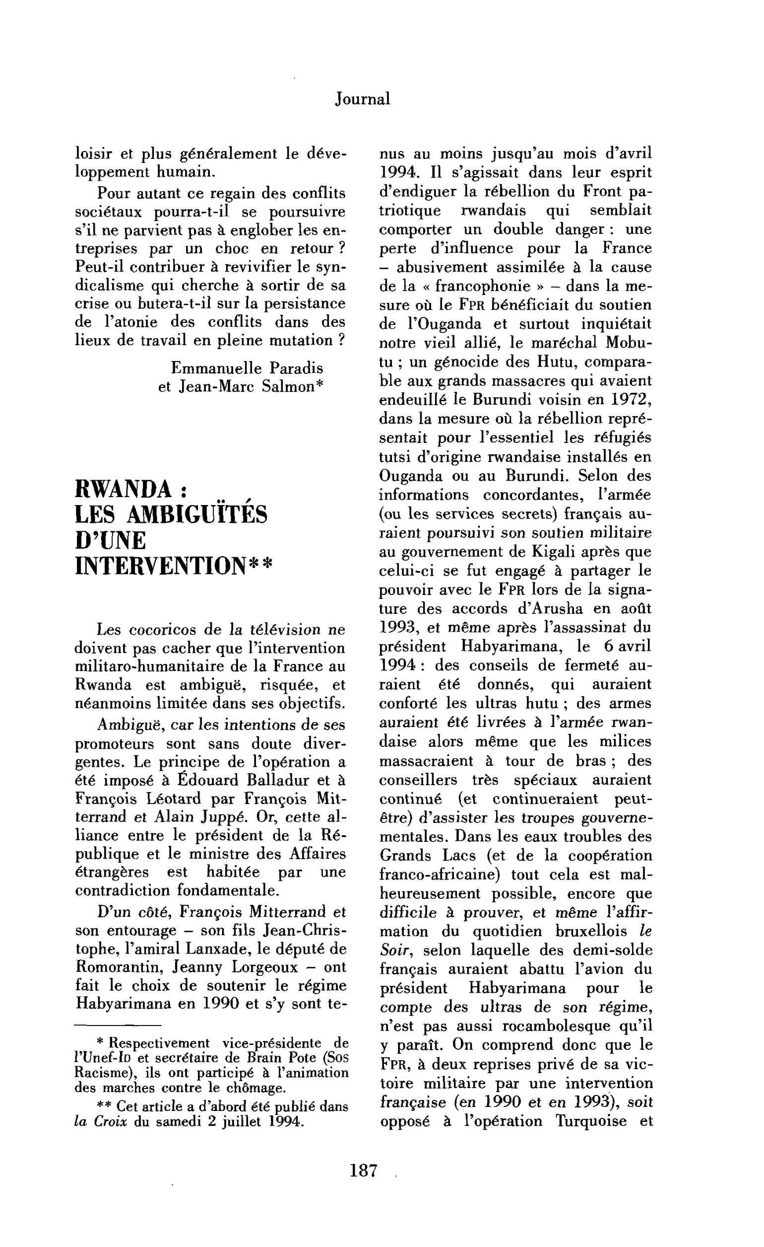 Rwanda : les ambiguïtés d’une intervention