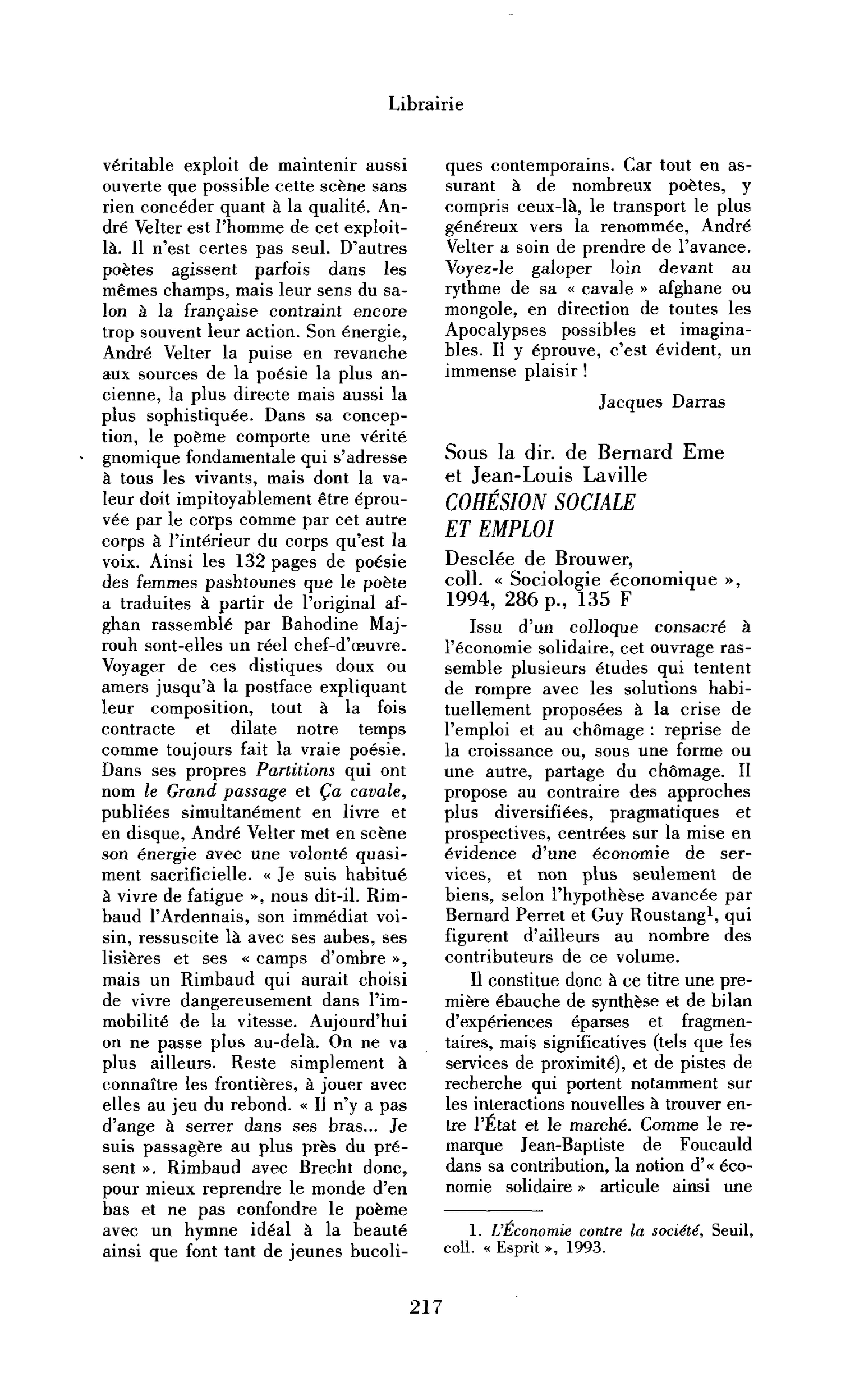 Sous la direction de Bernard Eme et Jean-Louis Laville : Cohésion sociale et emploi