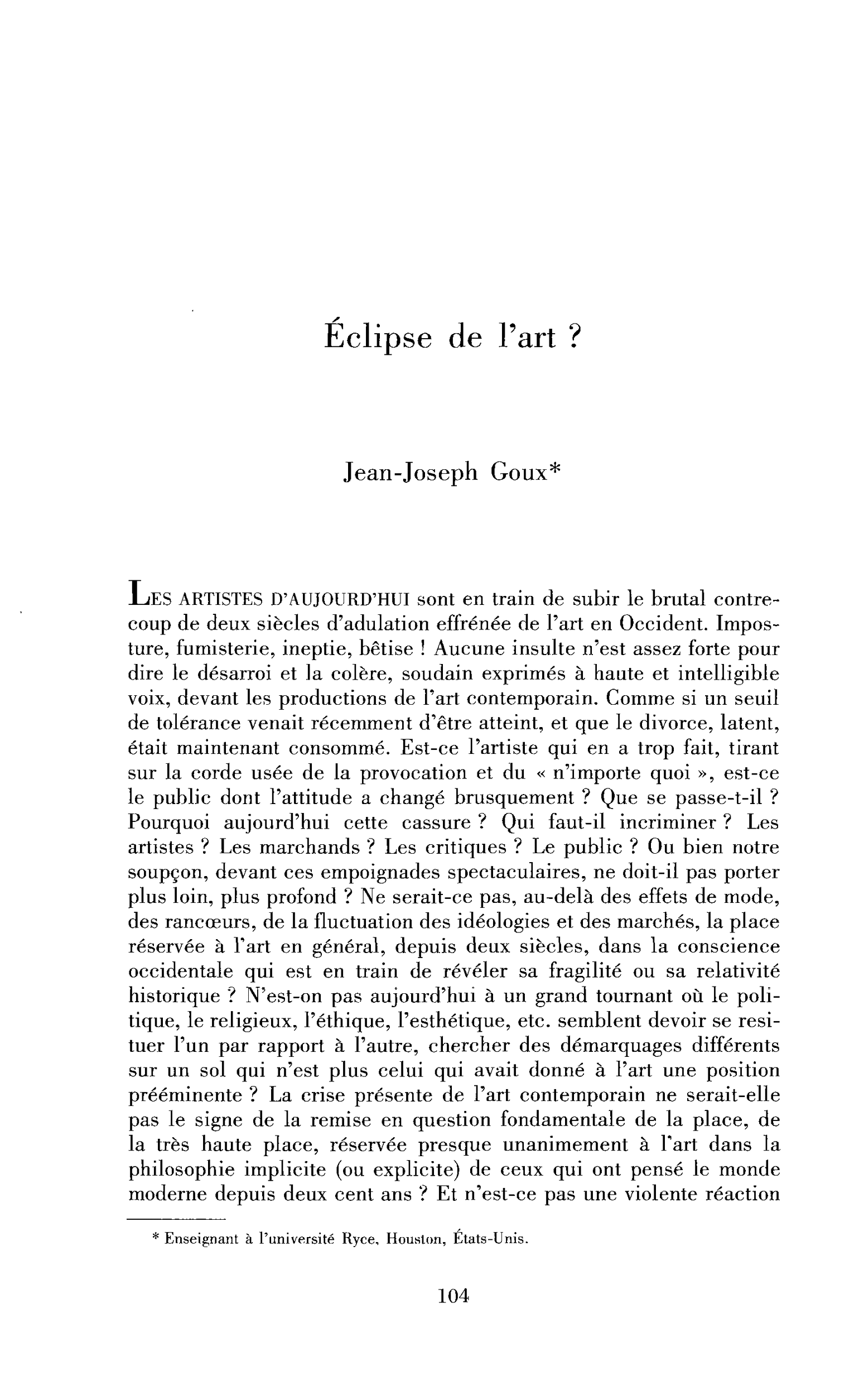 Éclipse de l’art ?