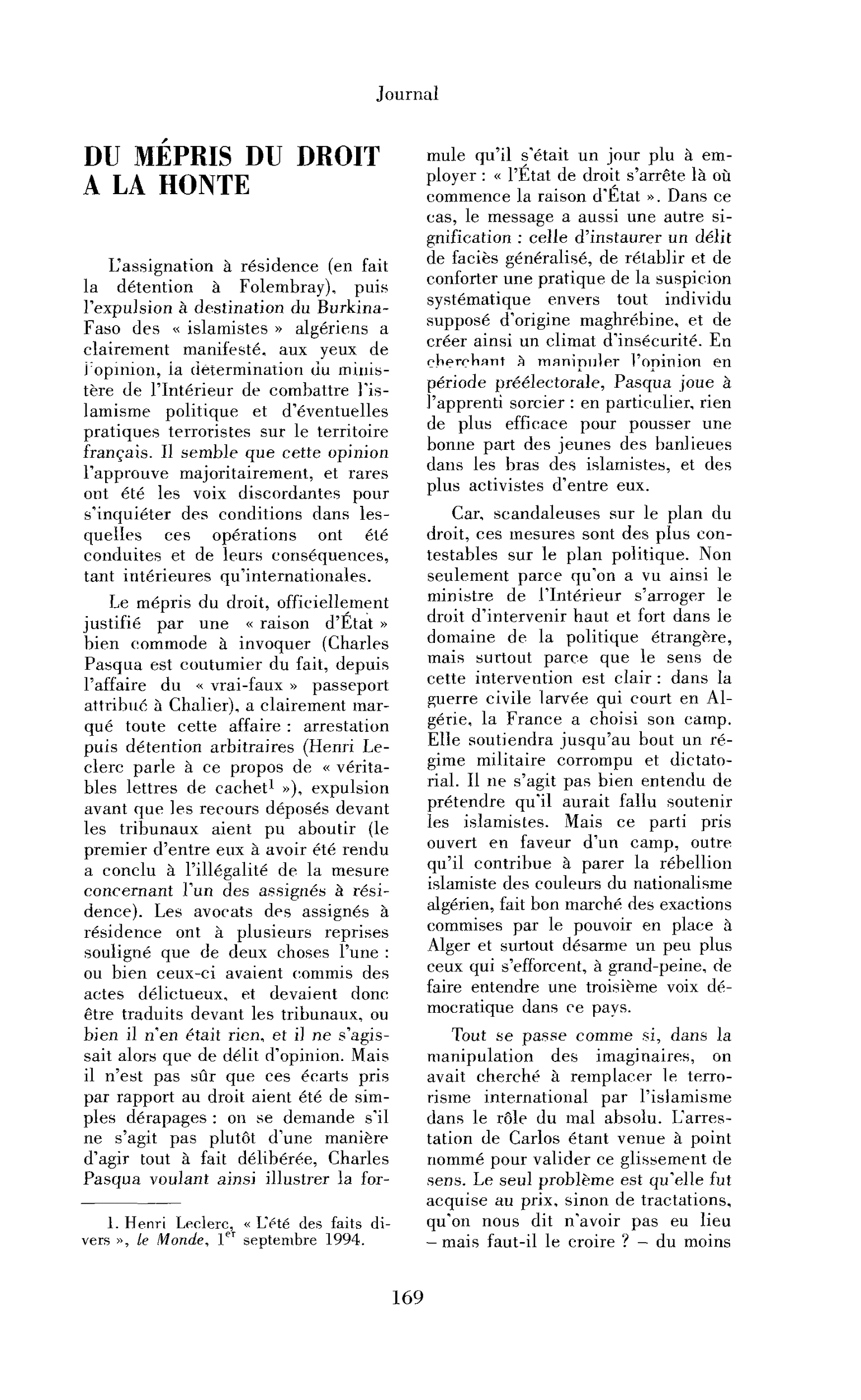 Du mépris du droit à la honte