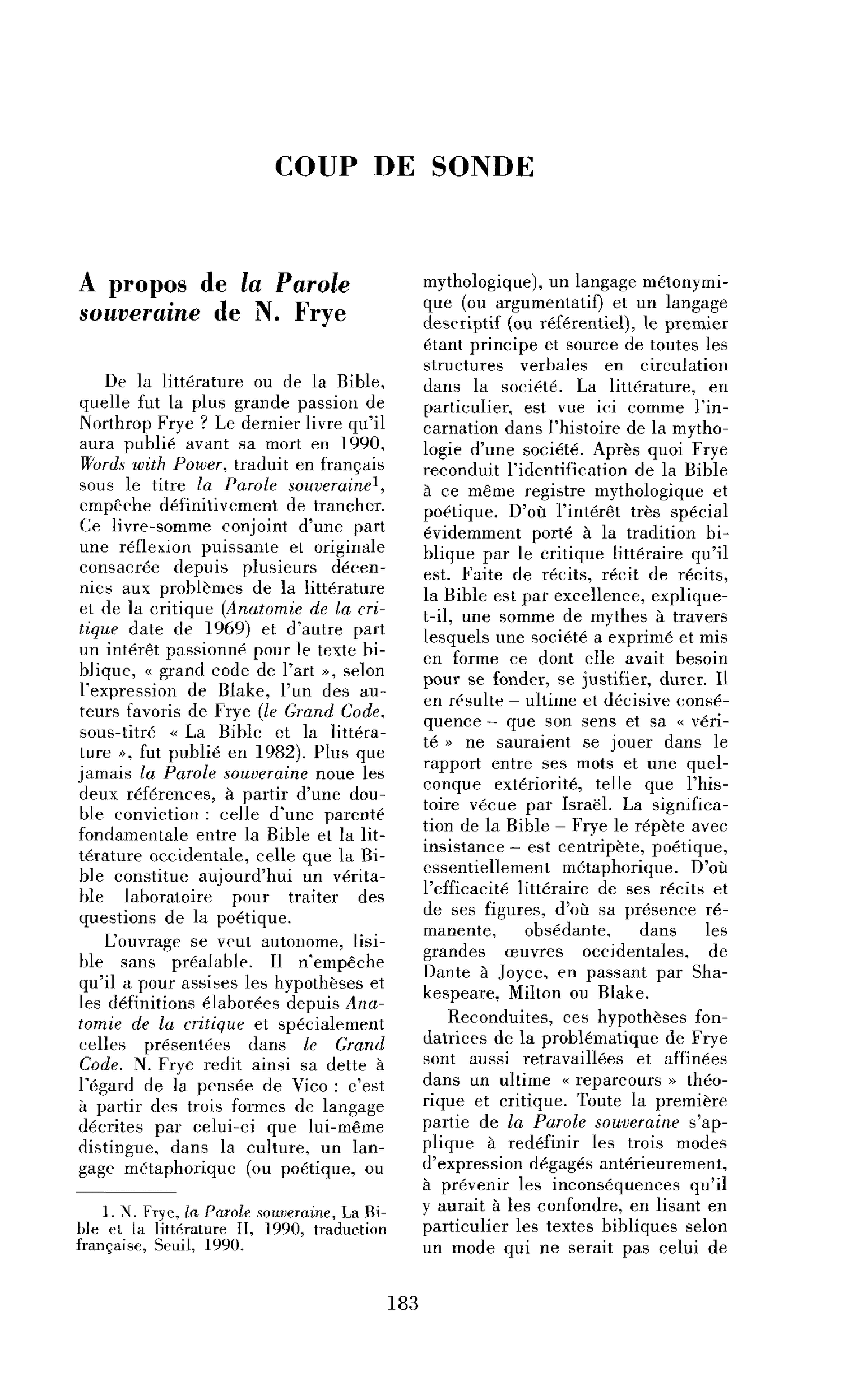 A propos de la Parole souveraine de N. Frye