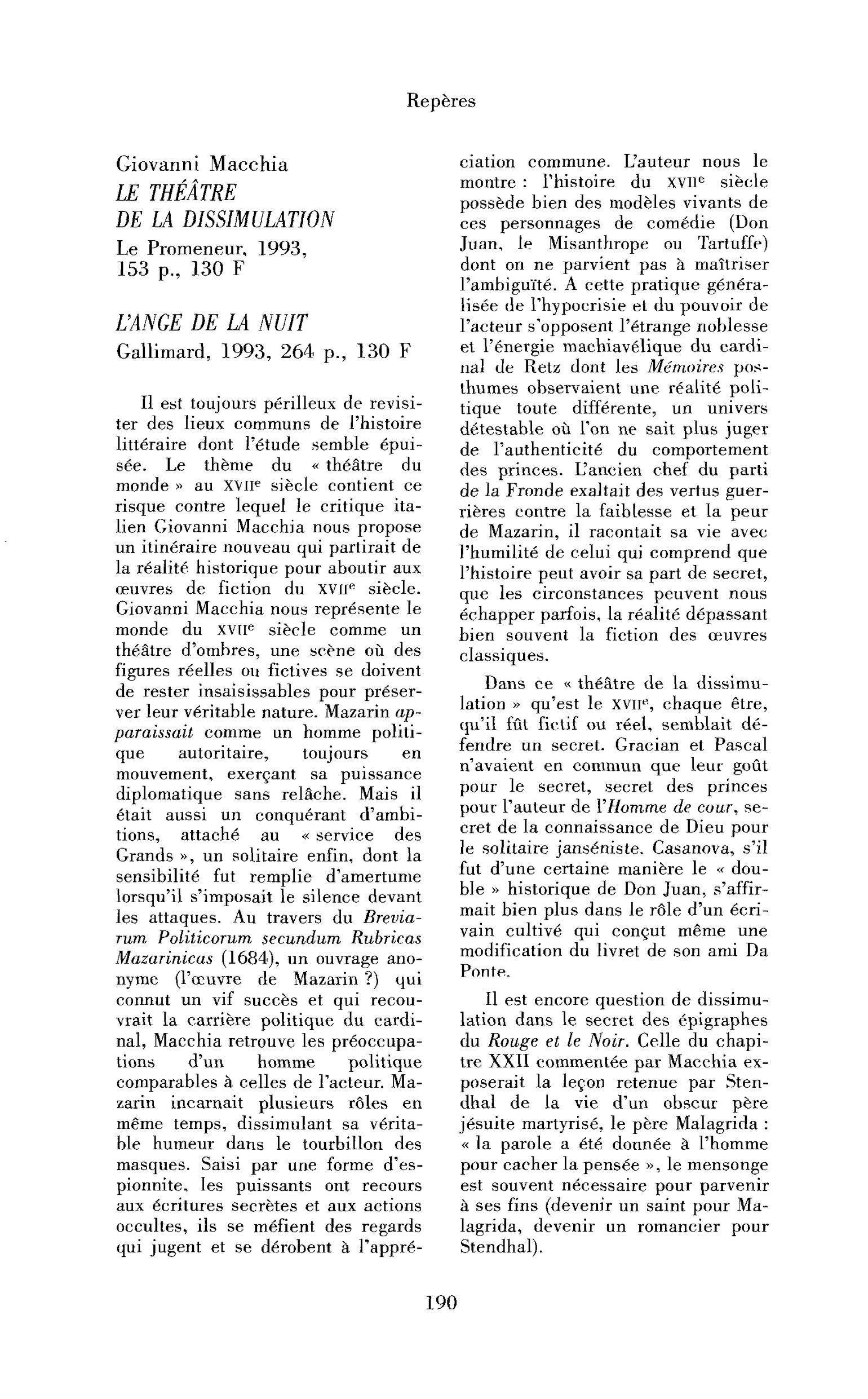 Giovanni Macchia : le Théâtre de la dissimulation