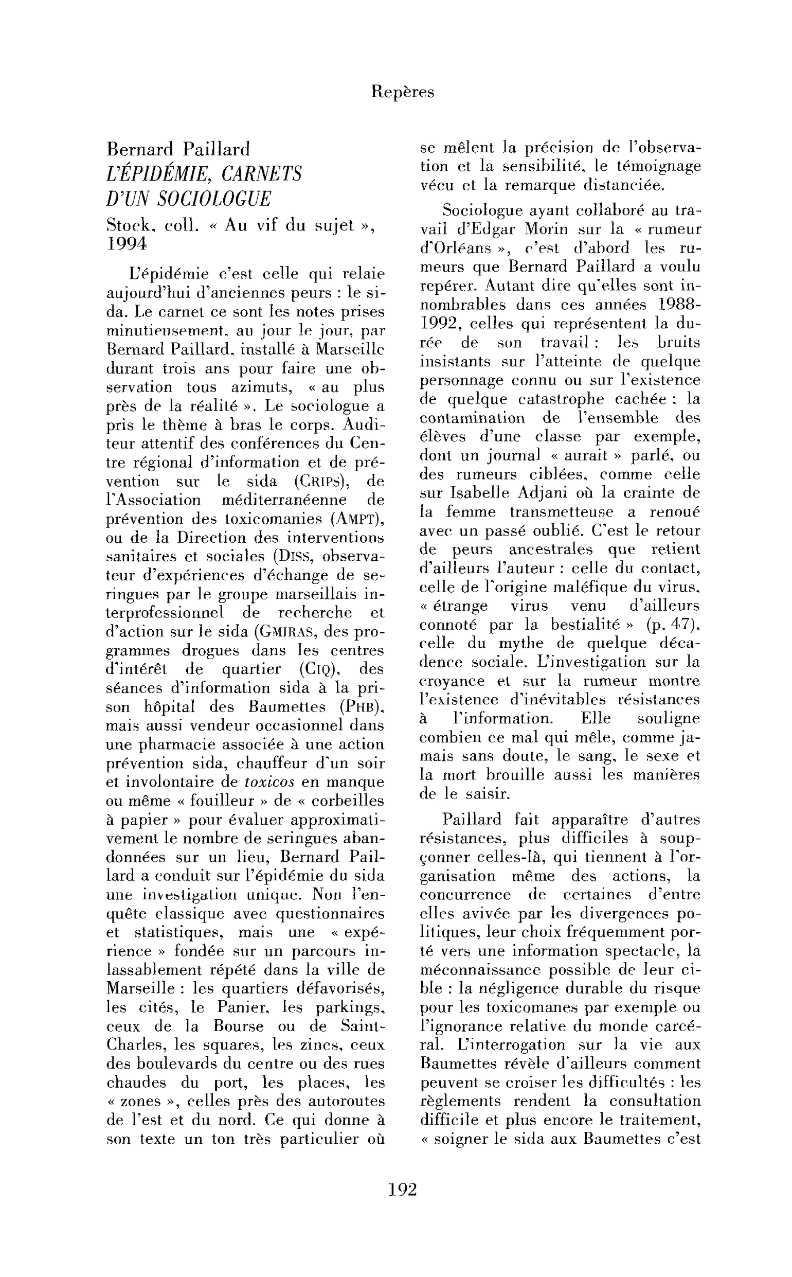 Bernard Paillard : l’Épidémie, carnets d’un sociologue
