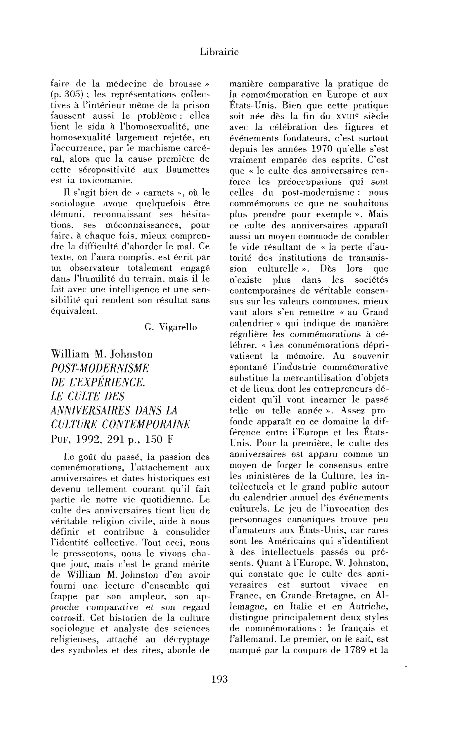 William M. Johnston : Post-modernisme de l’expérience. Le culte des anniversaires dans la culture contemporaine