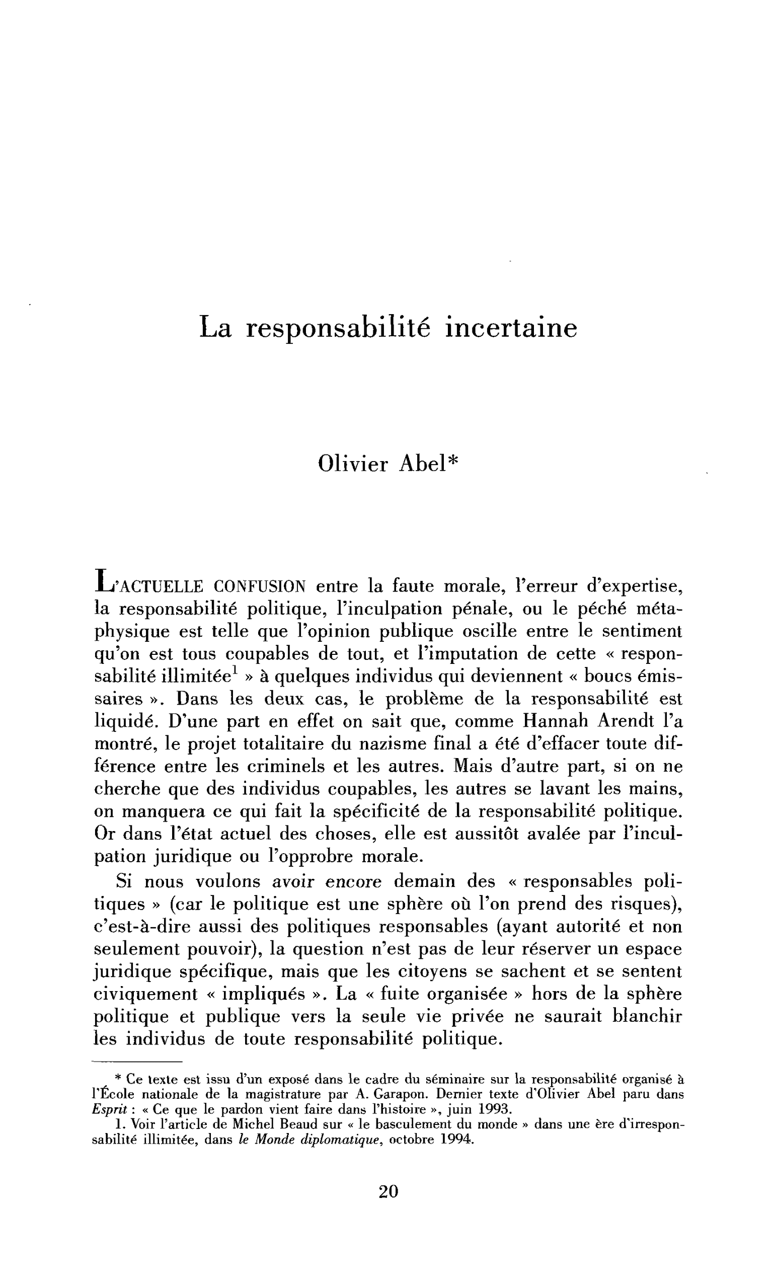 La responsabilité incertaine