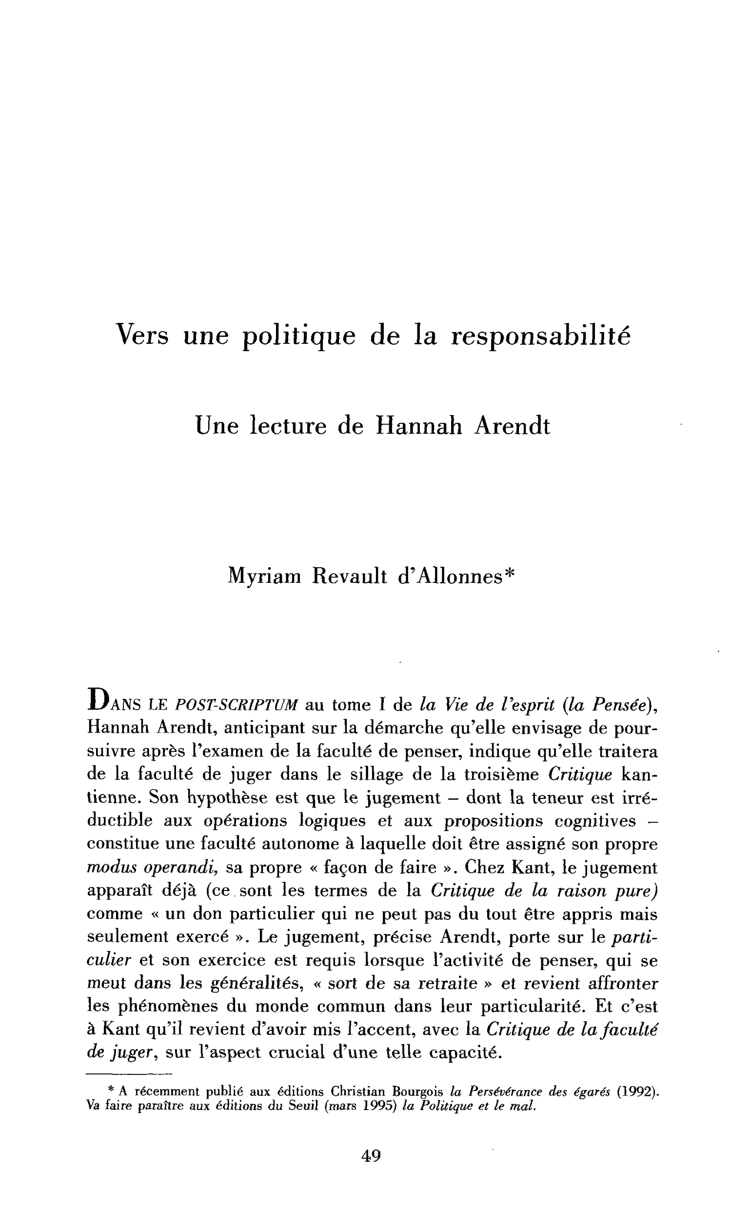 Vers une politique de la responsabilité. Une lecture de Hannah Arendt