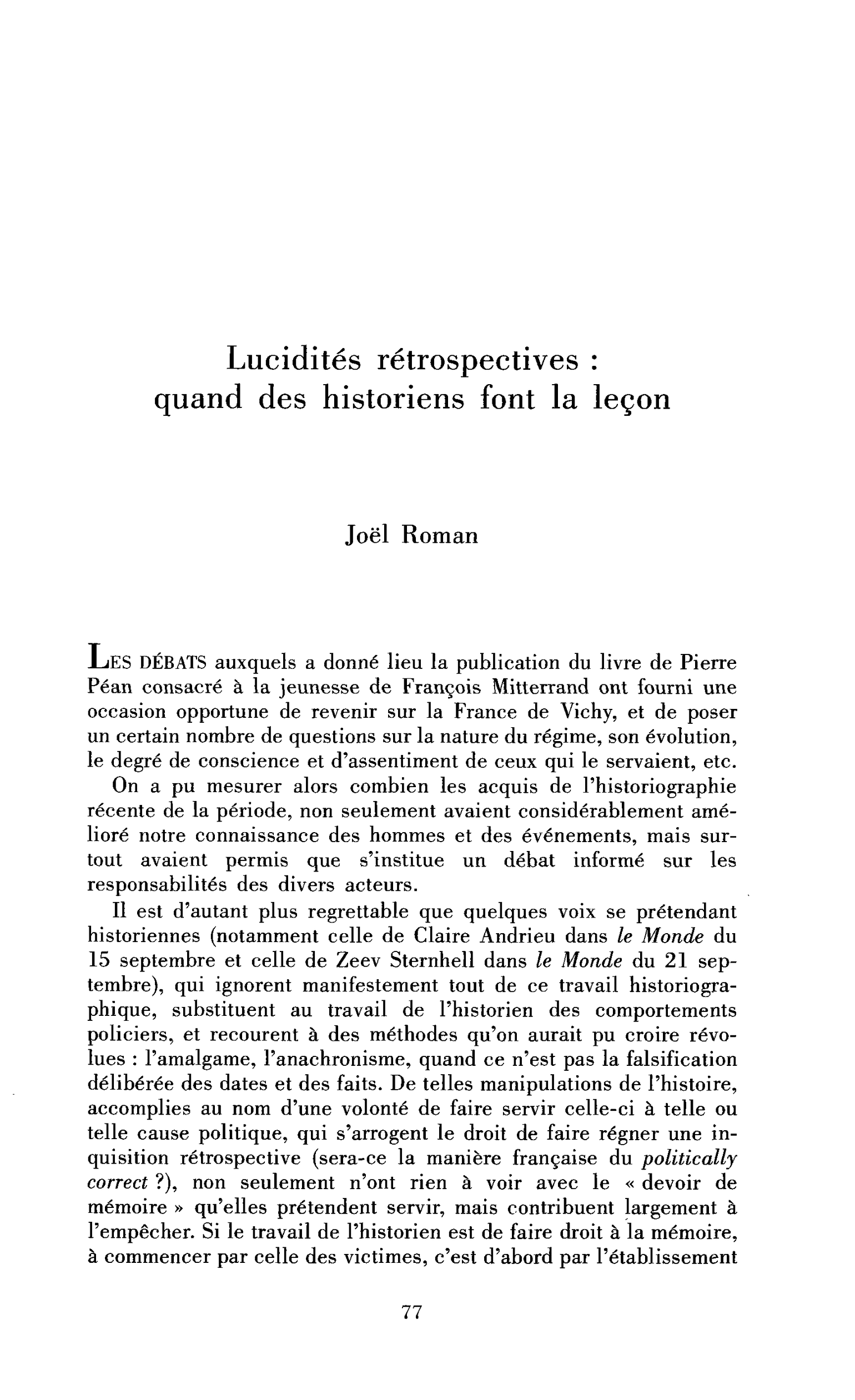 Lucidités rétrospectives : quand des historiens font la leçon