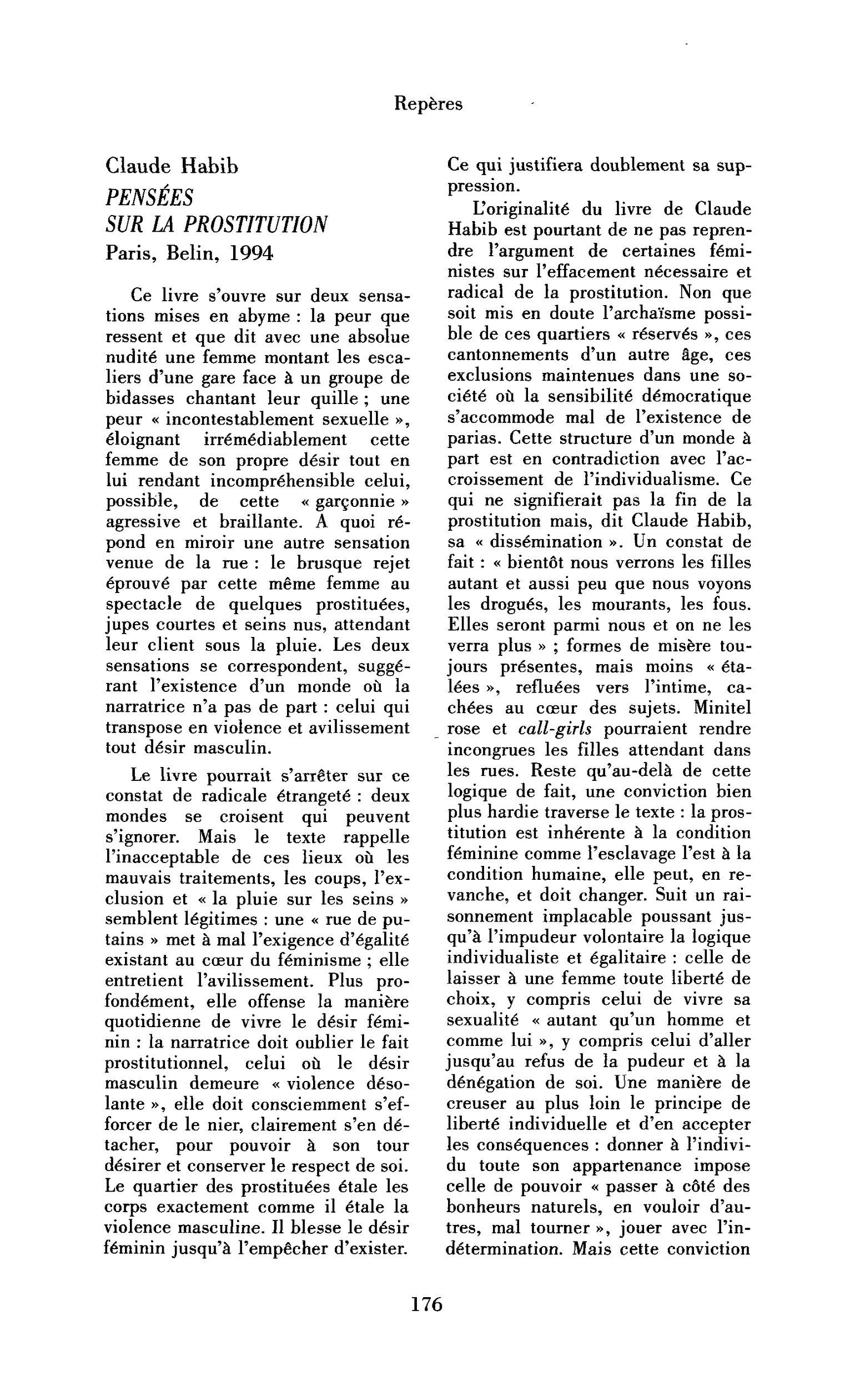 Claude Habib : Pensées sur la prostitution