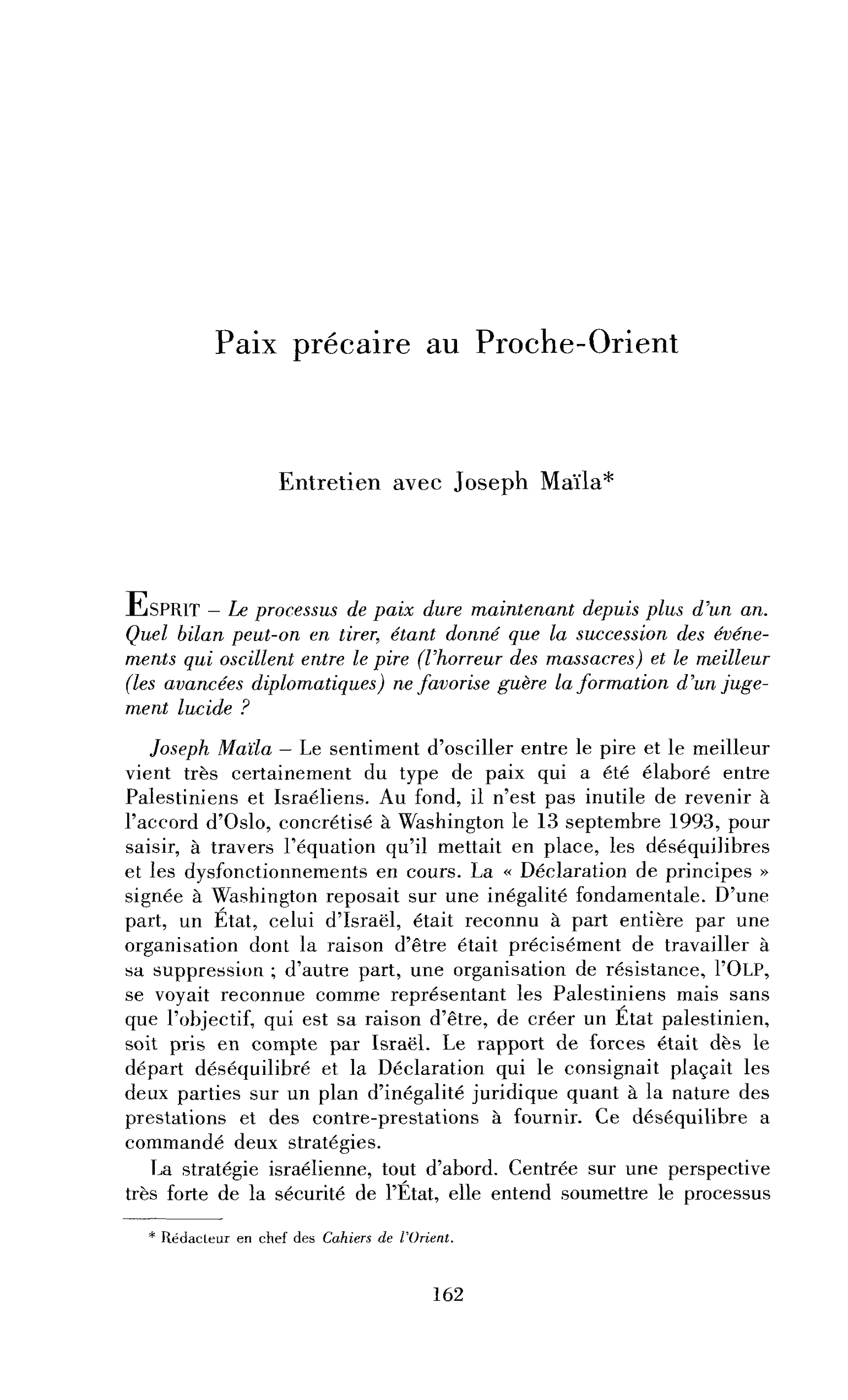 Paix précaire au Proche-Orient