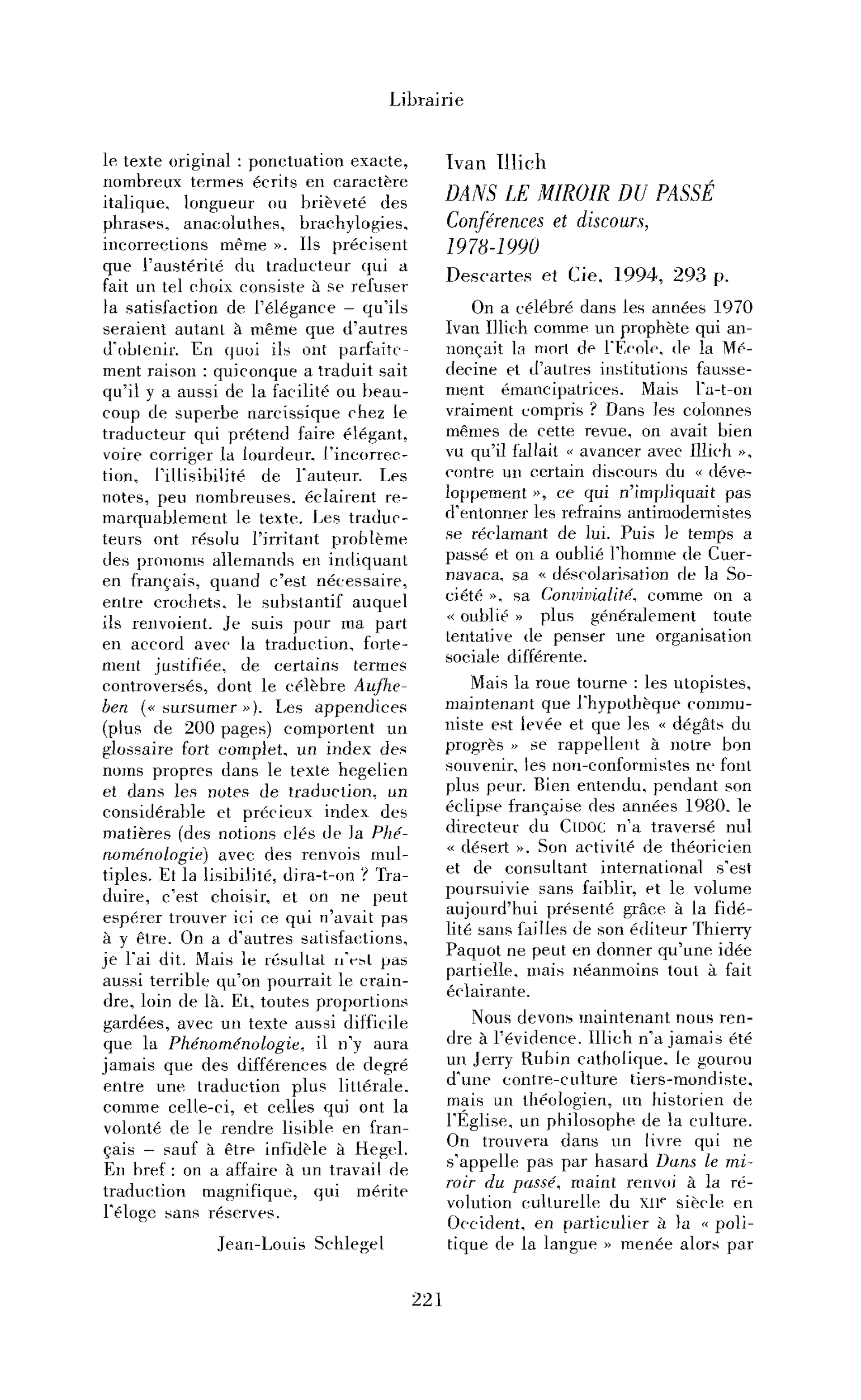 Ivan Illich : Dans le miroir du passé. Conférences et discours, 1978-1990