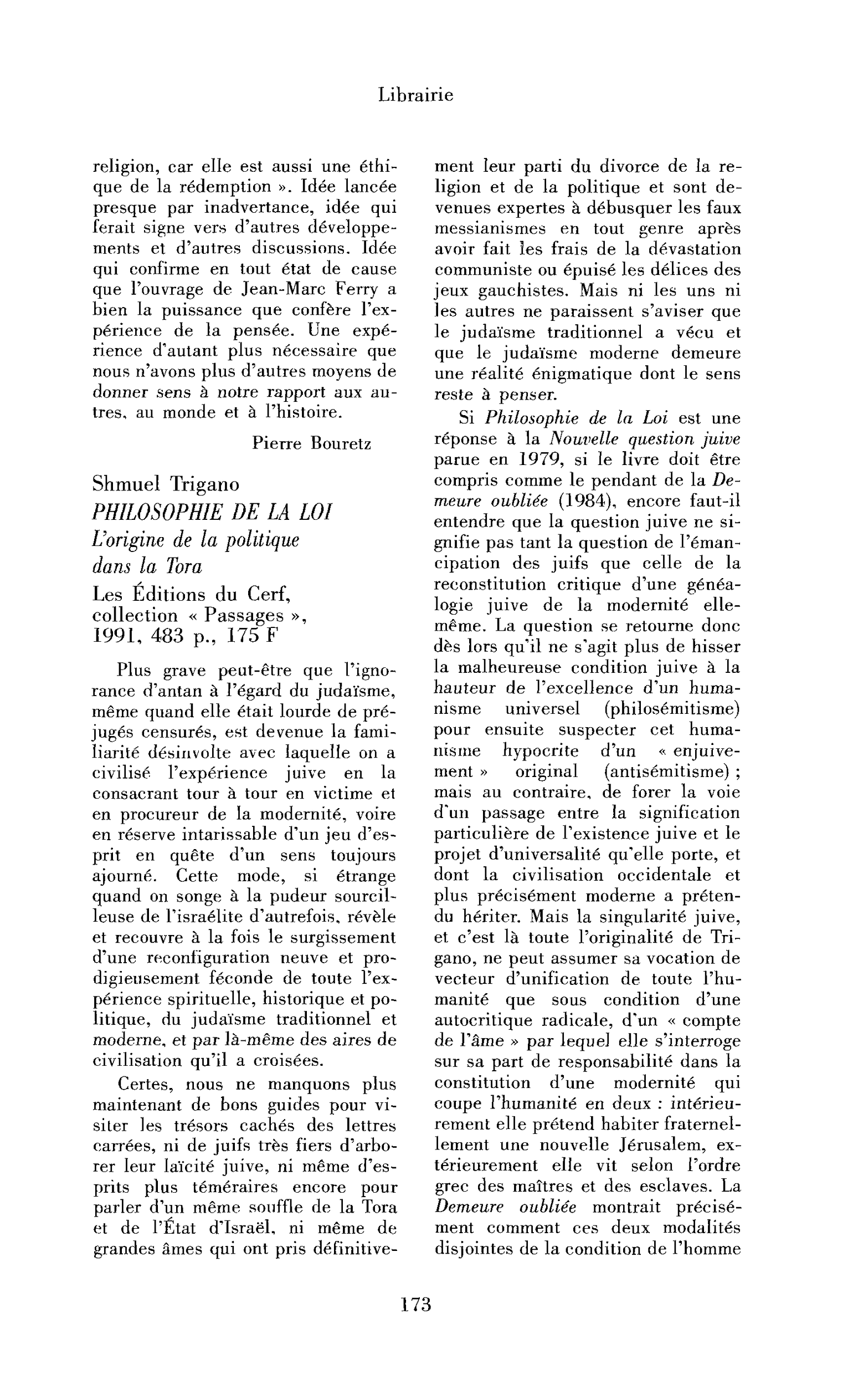 Shmuel Trigano : Philosophie de la loi. L’origine de la politique dans la Tora