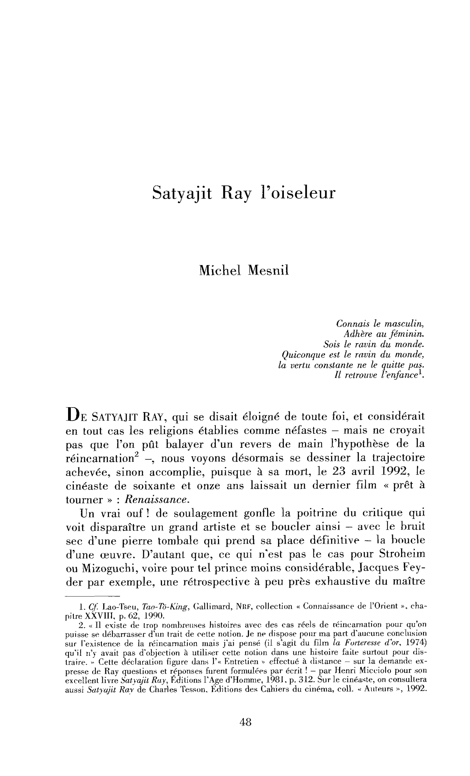 Satyajit Ray l’oiseleur