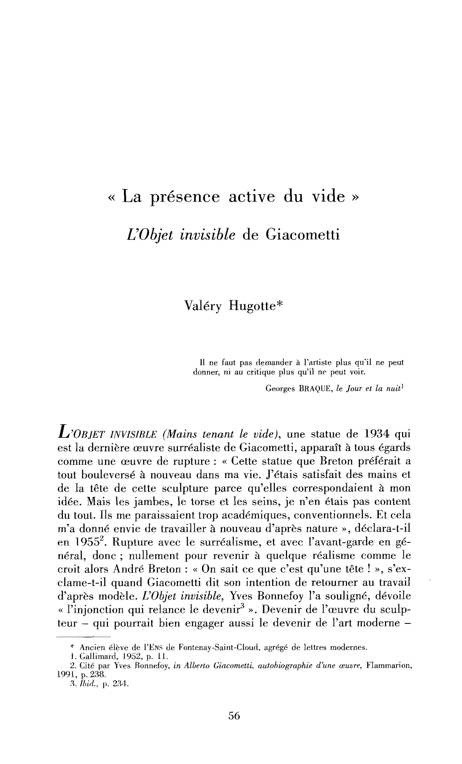 « La présence active du vide ». L’Objet invisible de Giacometti