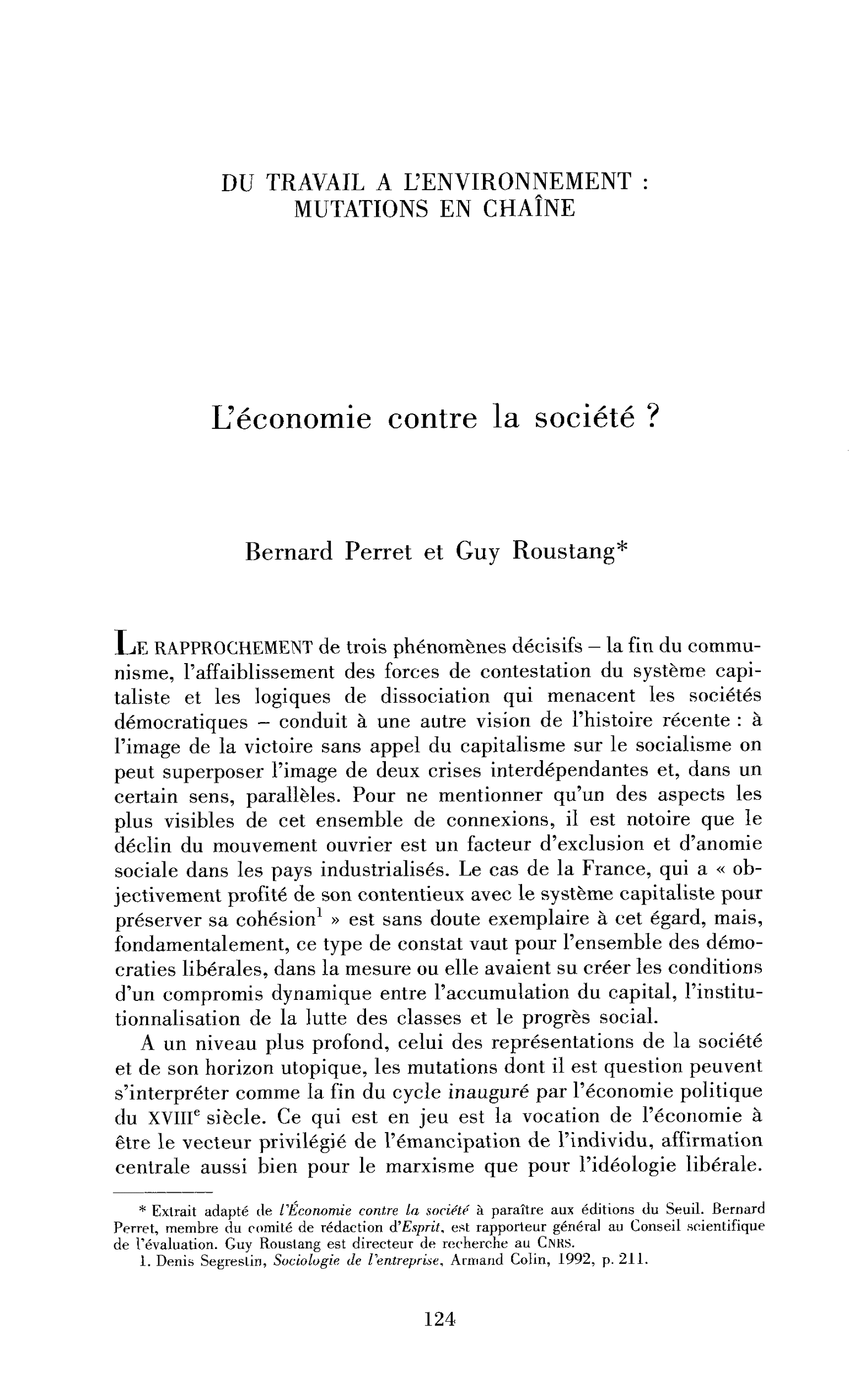 L’économie contre la société ?