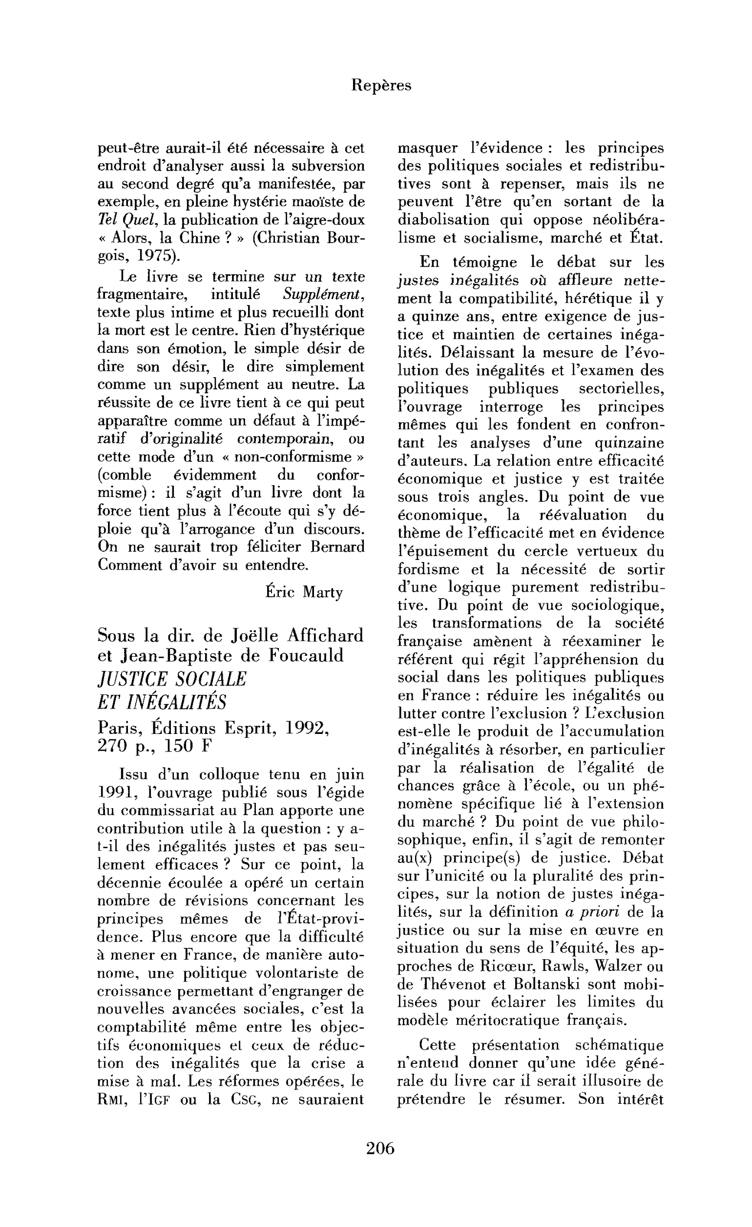 Sous la direction de Joëlle Affichard et Jean-Baptiste de Foucauld : Justice sociale et inégalités.