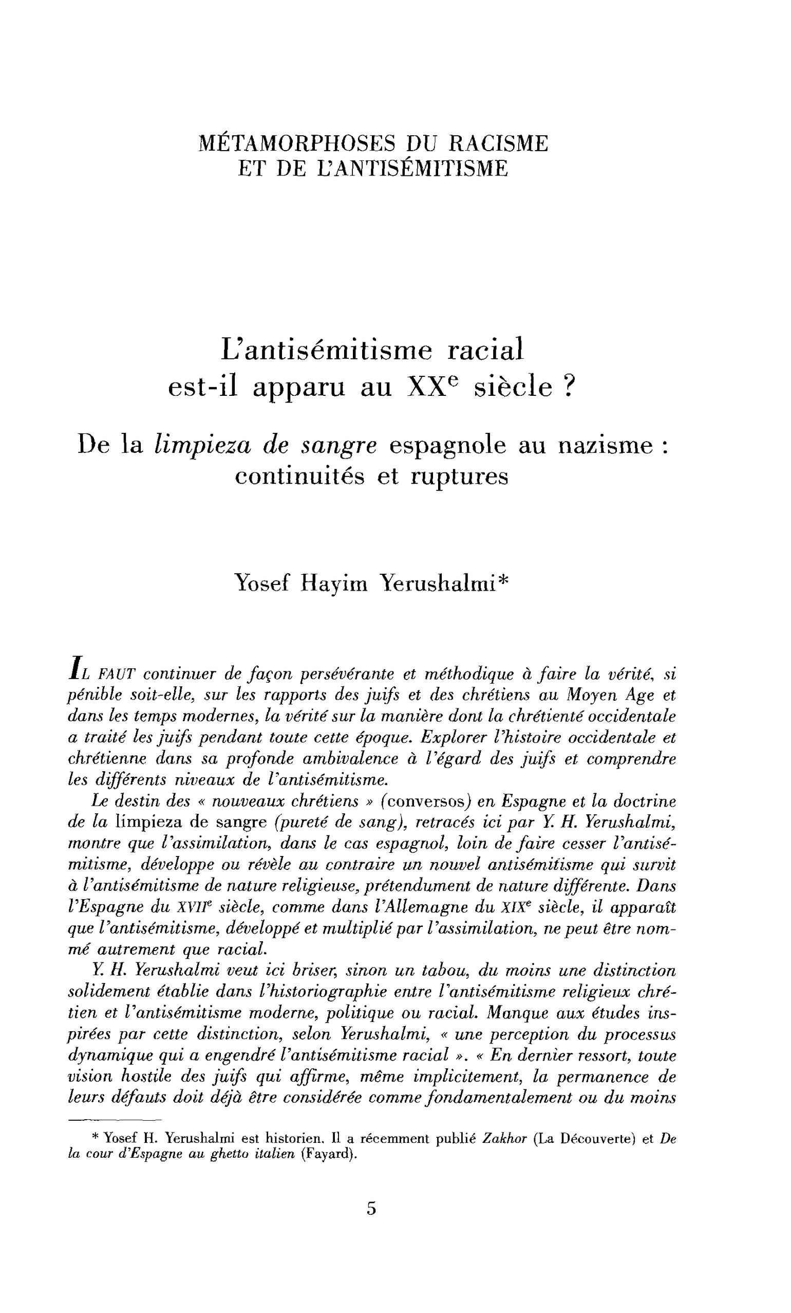 L’antisémitisme racial est-il apparu au XXe siècle ? De la limpieza de sangre espagnole au nazisme