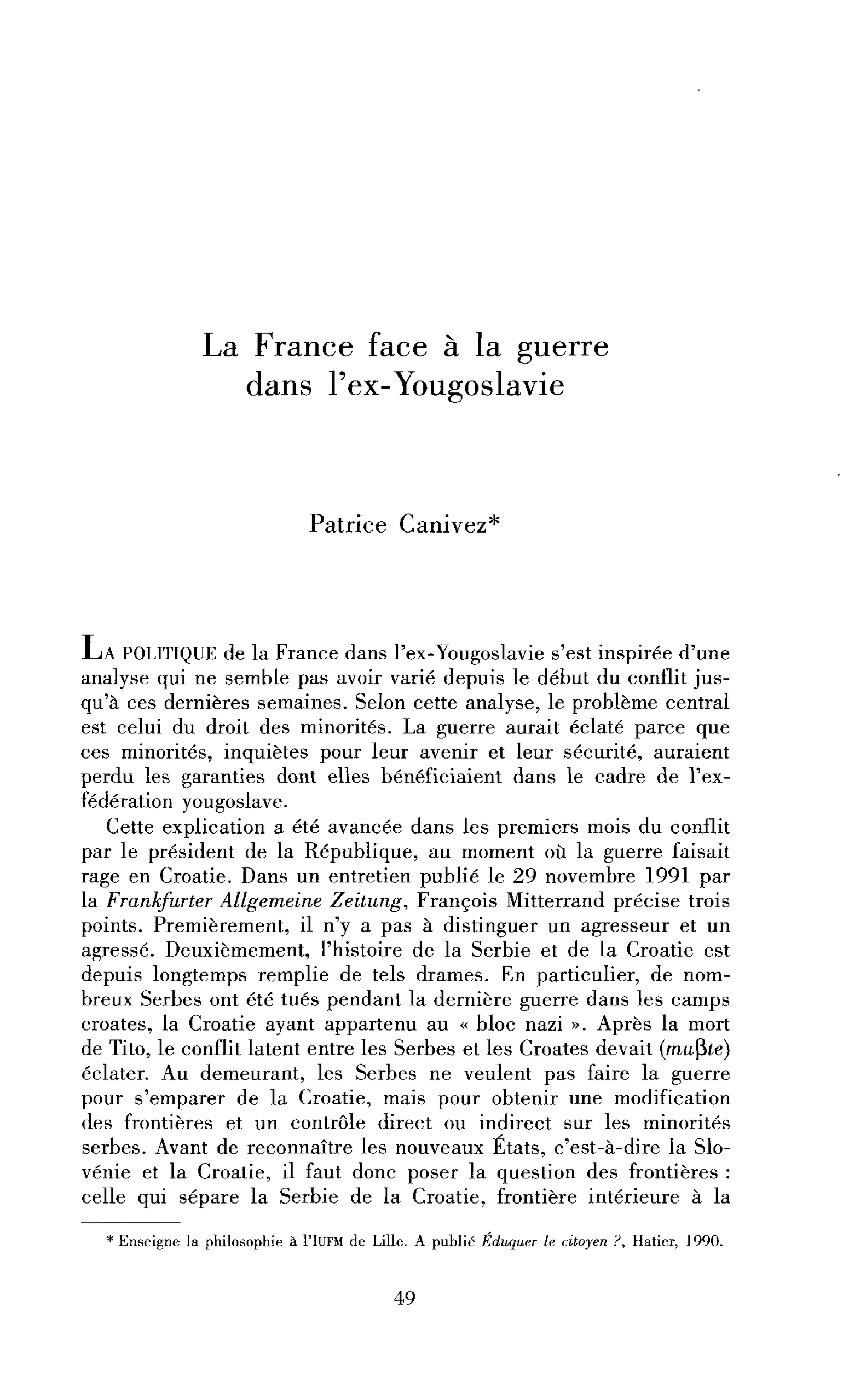 La France face à la guerre dans l’ex-Yougoslavie