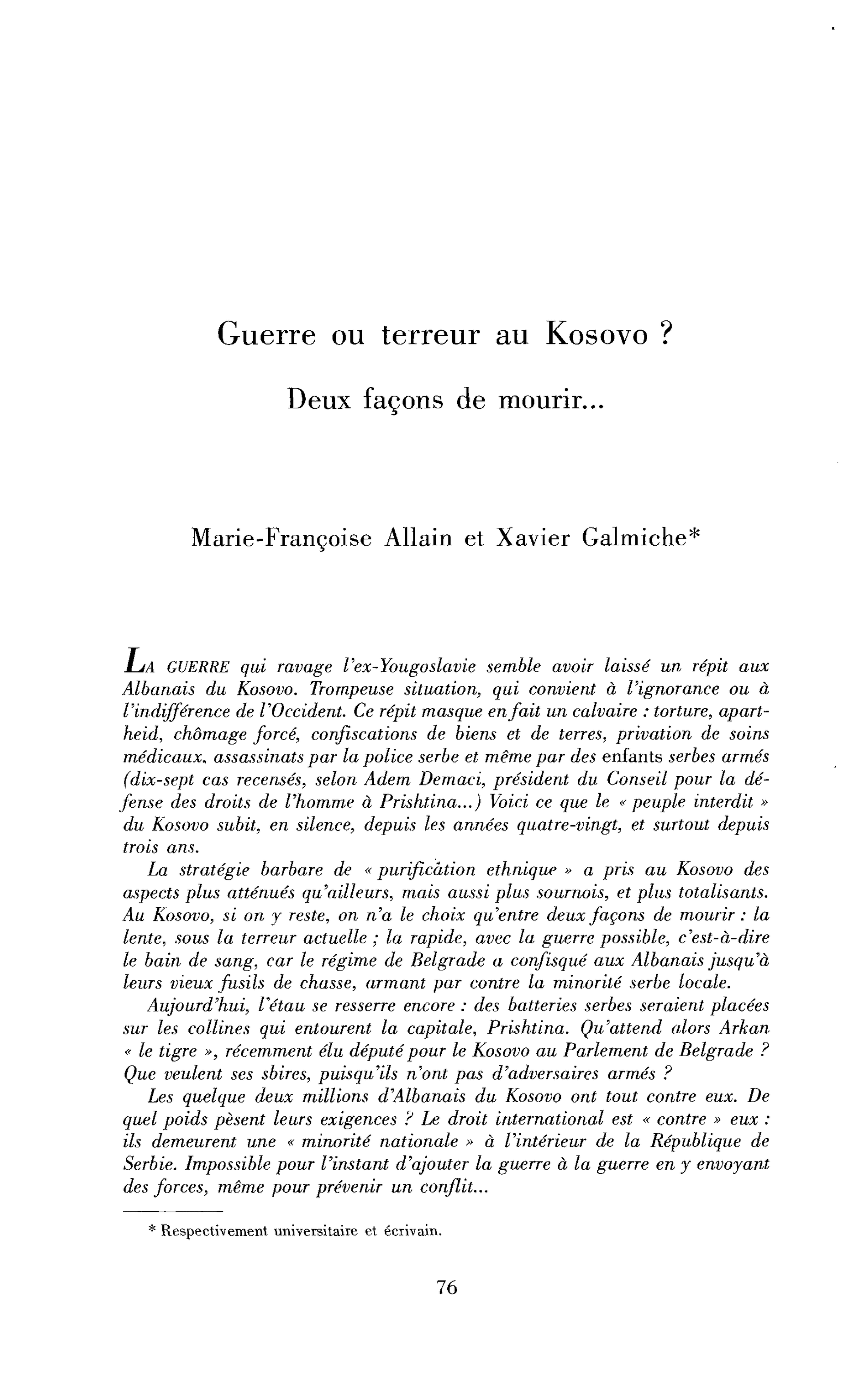 Guerre ou terreur au Kosovo ? Deux façons de mourir…