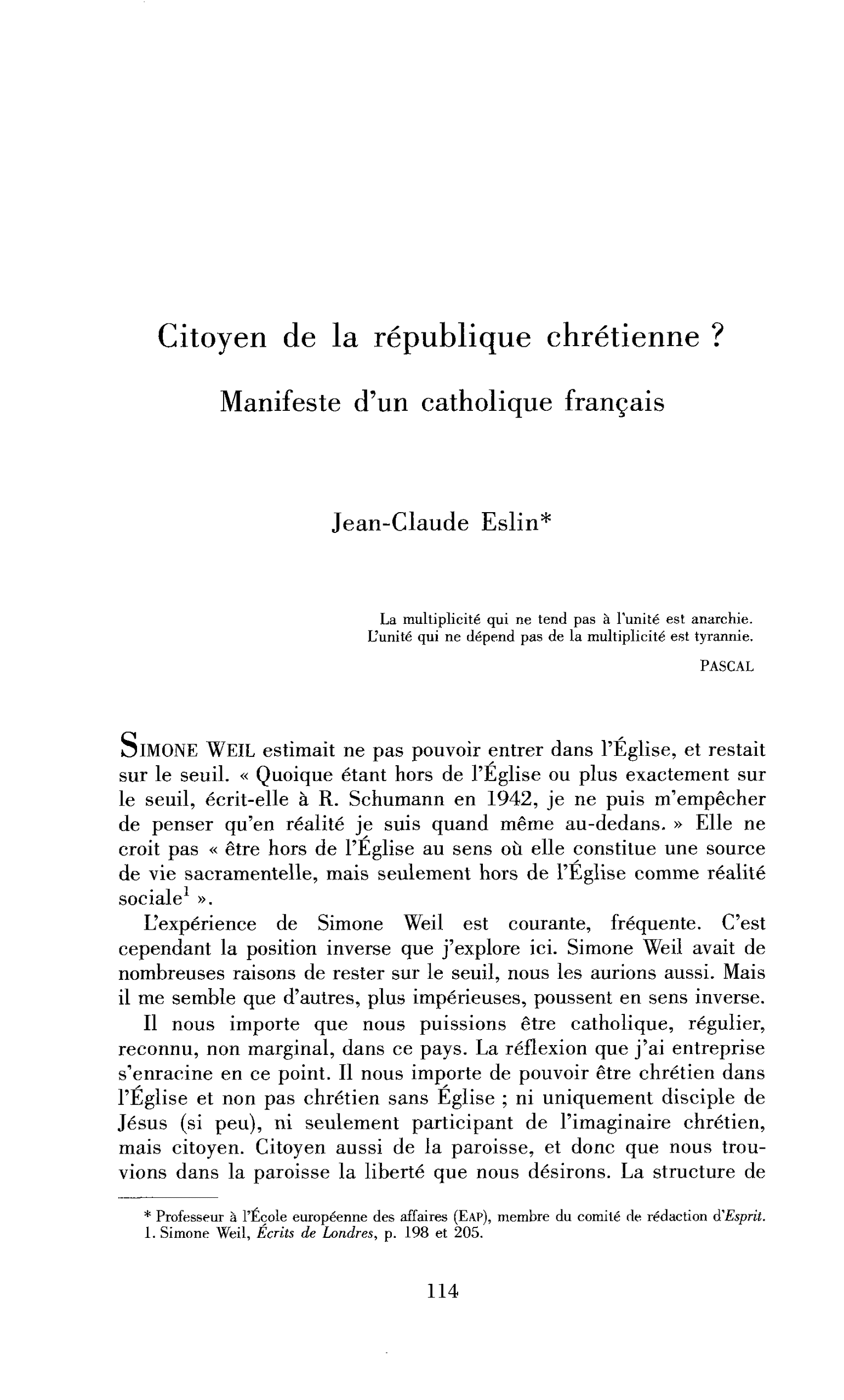 Citoyen de la République chrétienne ? Manifeste d’un catholique français