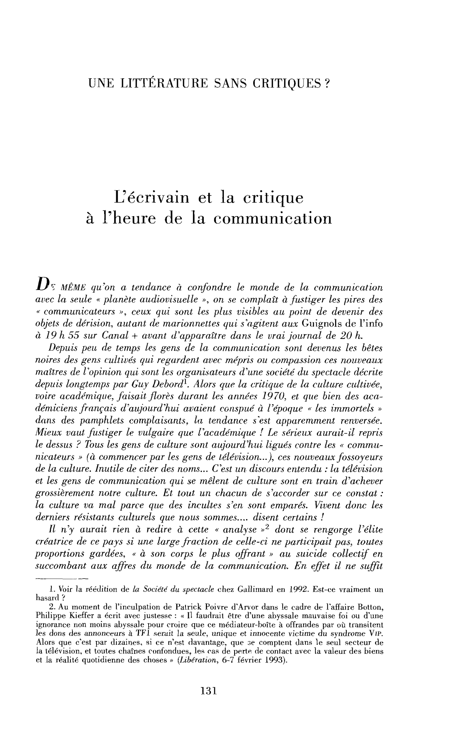 L’écrivain et la critique à l’heure de la communication