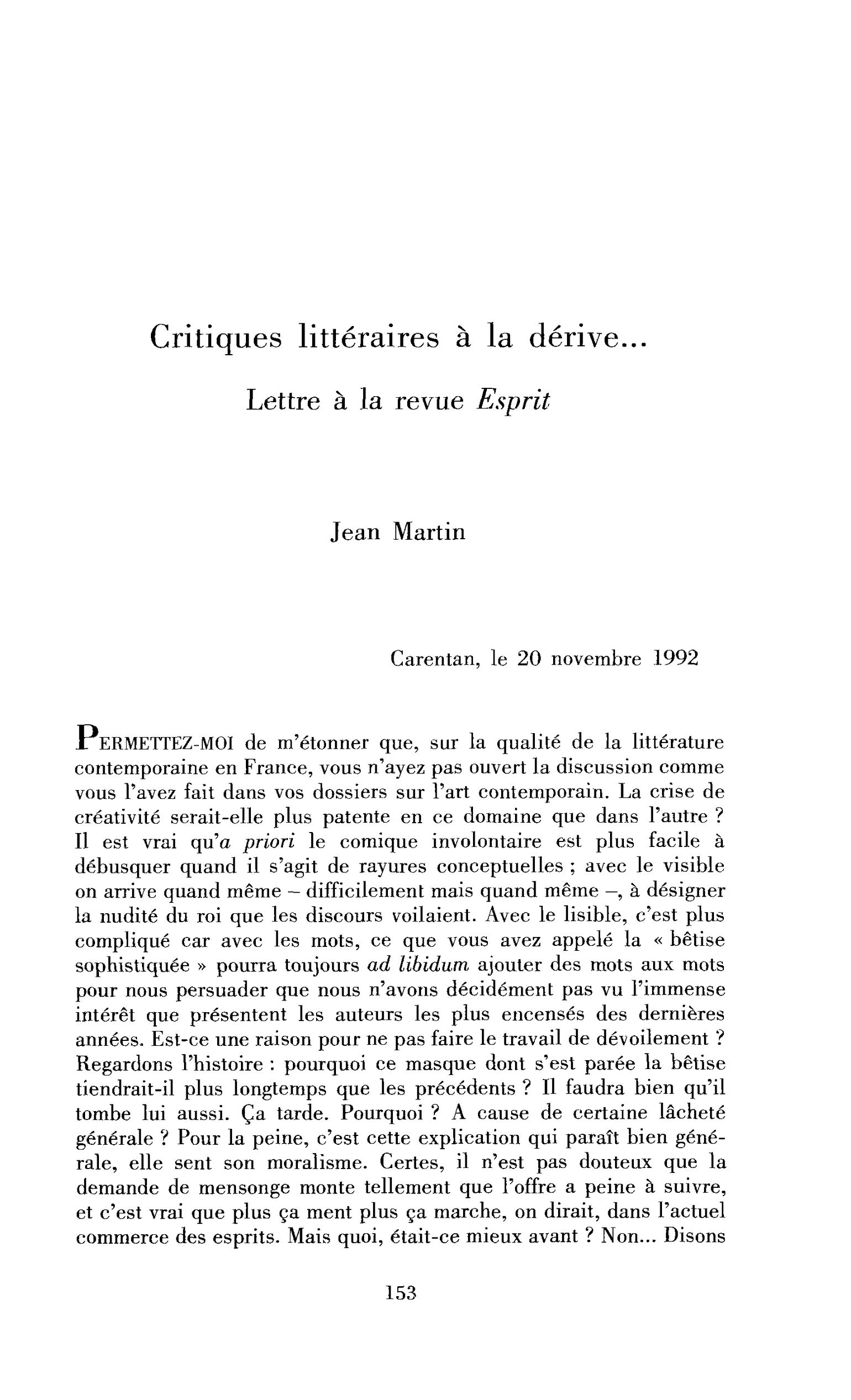 Critiques littéraires à la dérive… Lettre à la revue Esprit