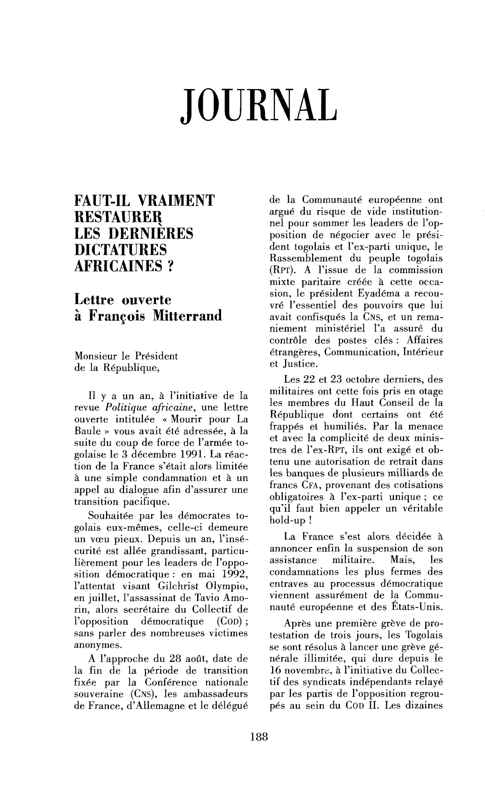 Faut-il vraiment restaurer les dernières dictatures africaines ? Lettre ouverte à François Mitterrand