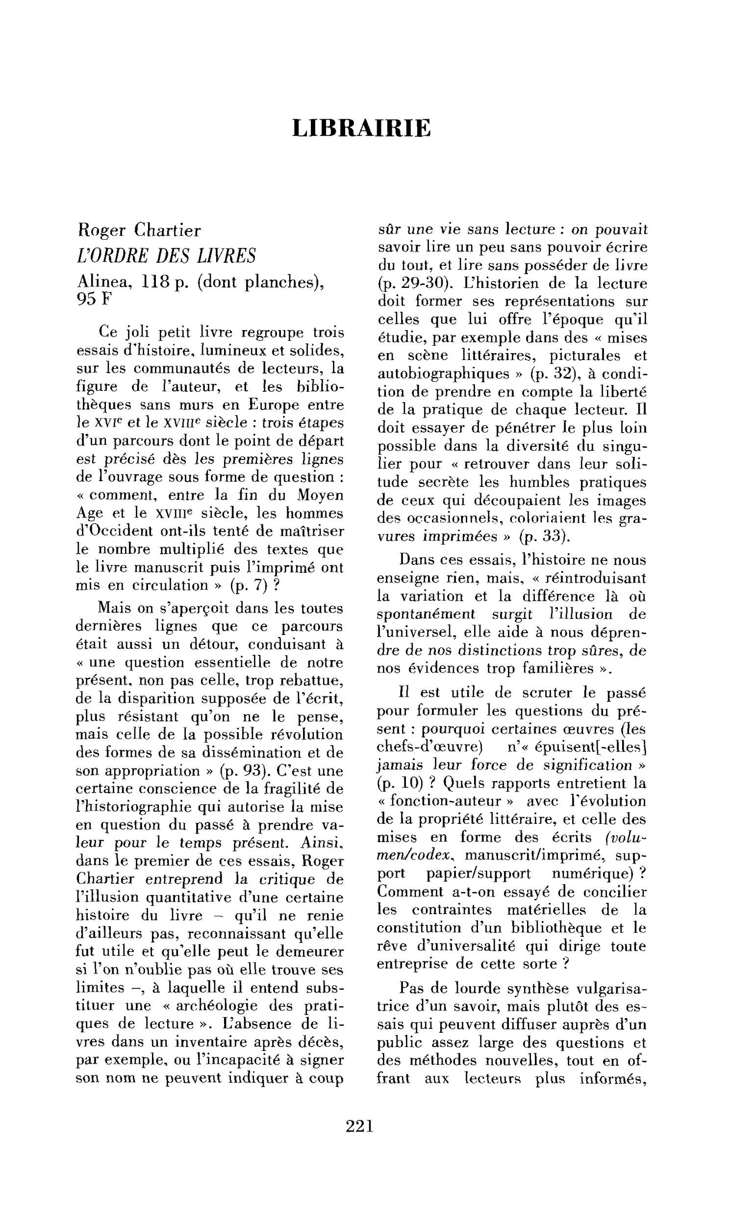 Roger Chartier : l’Ordre des livres
