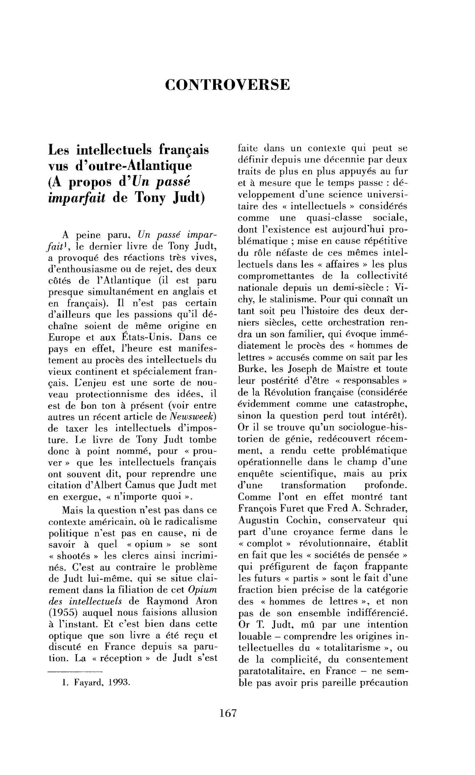 Les intellectuels français vus d’outre-Atlantique (A propos d’Un passé imparfait de Tony Judt)