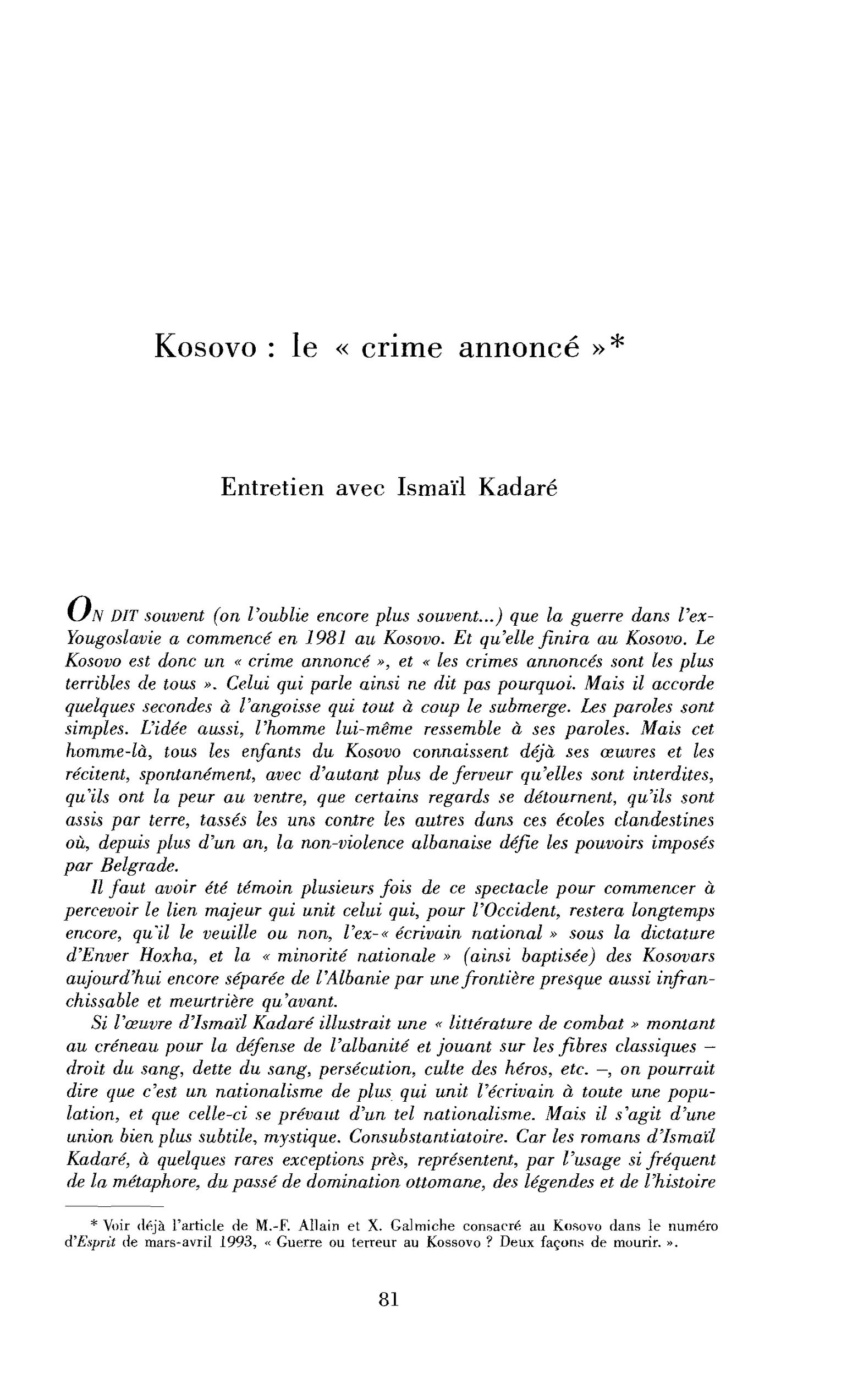 Kosovo : le crime annoncé