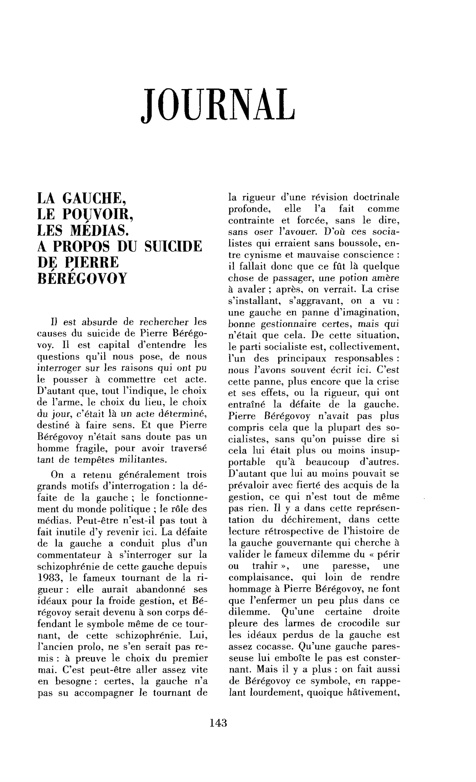 La gauche, le pouvoir, les médias. A propos du suicide de Bérégovoy