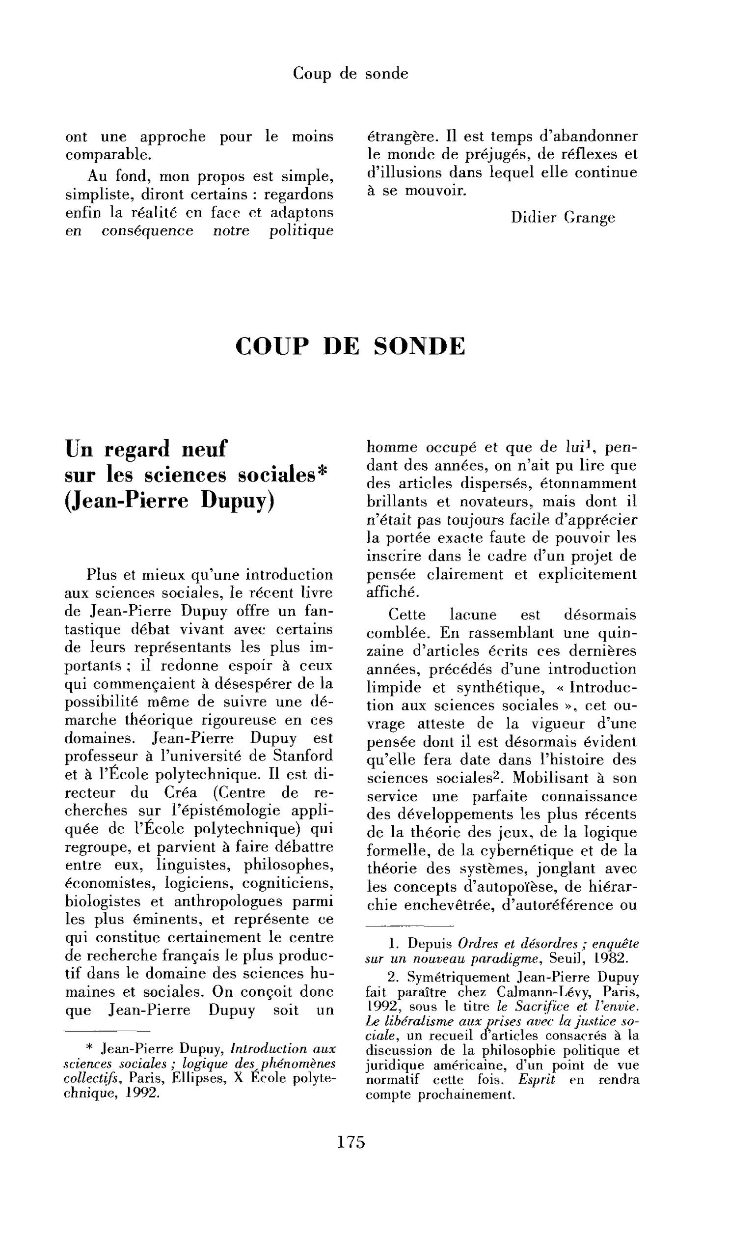 Un regard neuf sur les sciences sociales (Jean-Pierre Dupuy)
