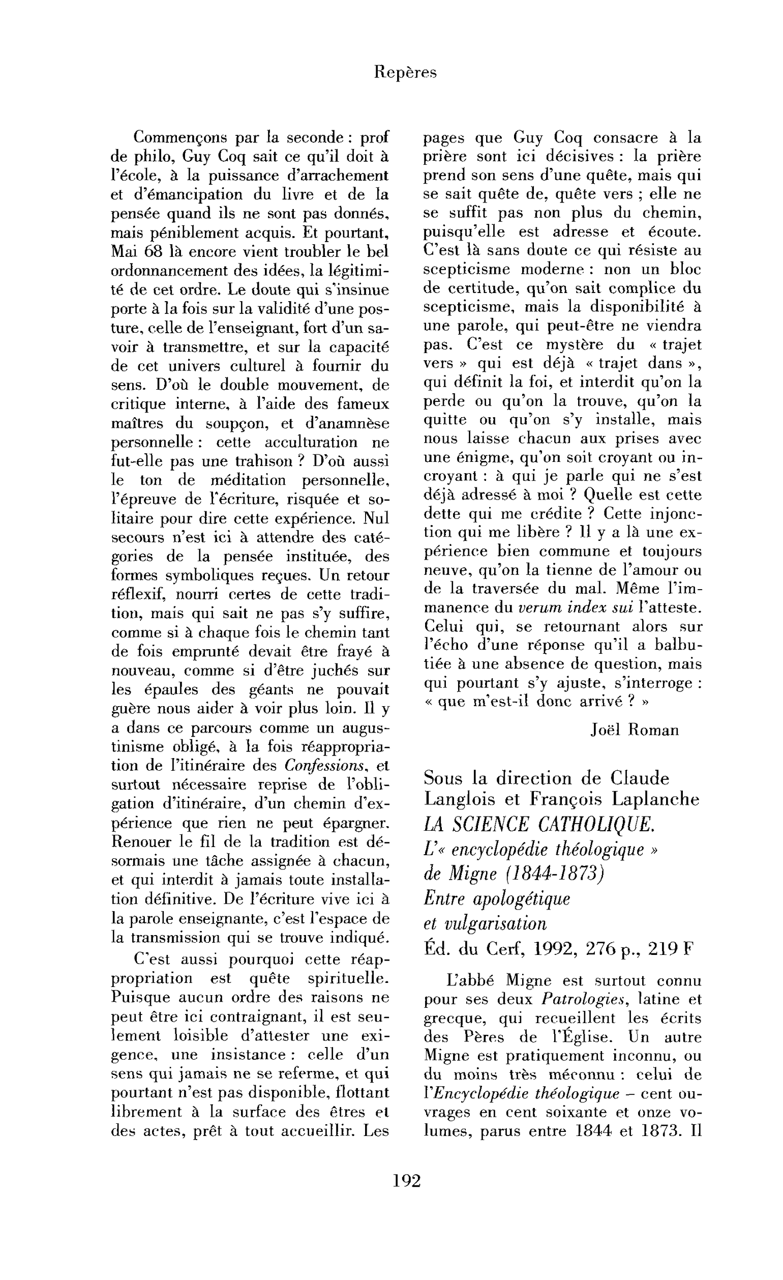 Sous la direction de Claude Langlois et François Laplanche : la Science catholique. L’Encyclopédie théologique de Migne (1844-1873). Entre apologétique et vulgarisation