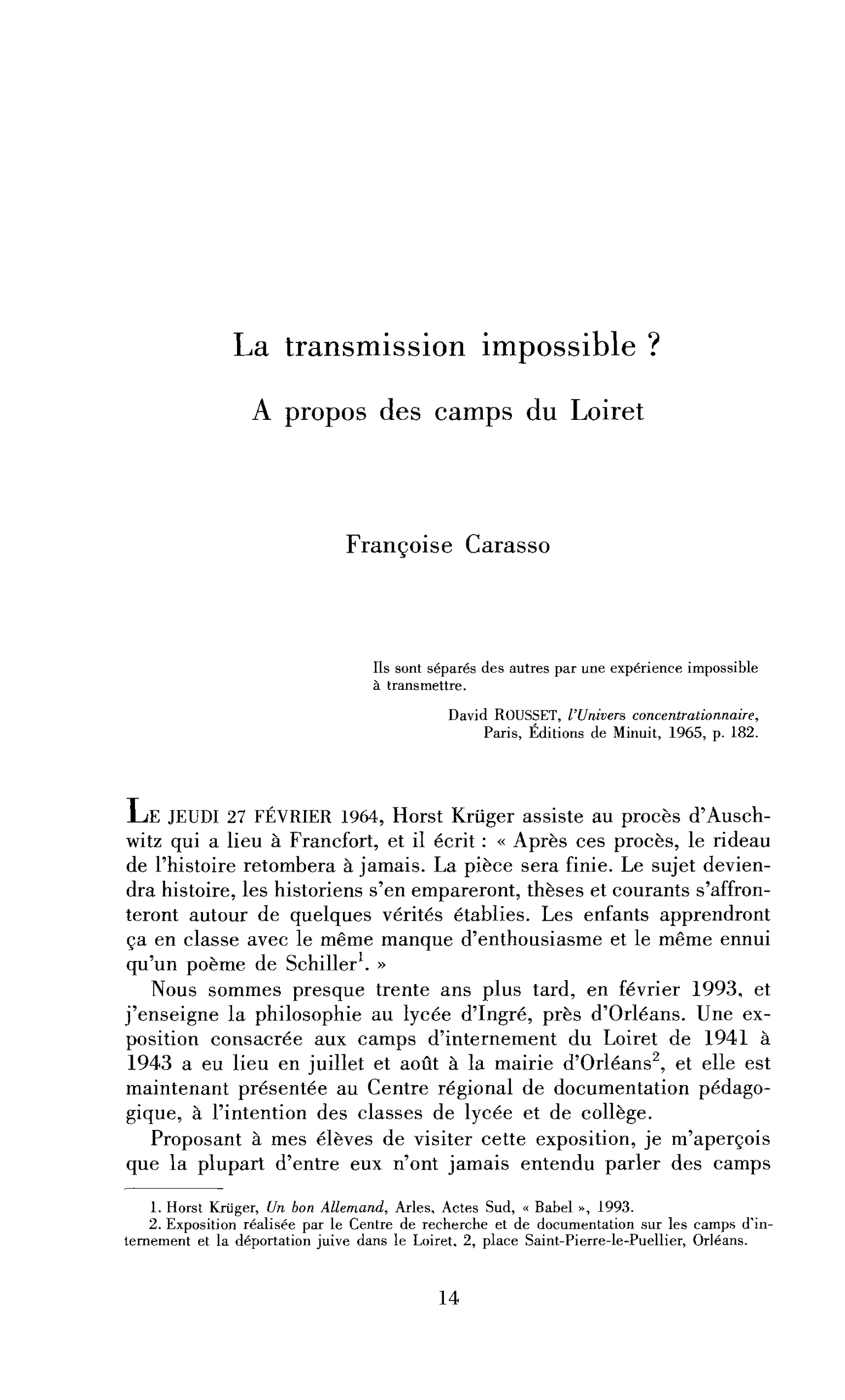 La transmission impossible ? A propos des camps du Loiret