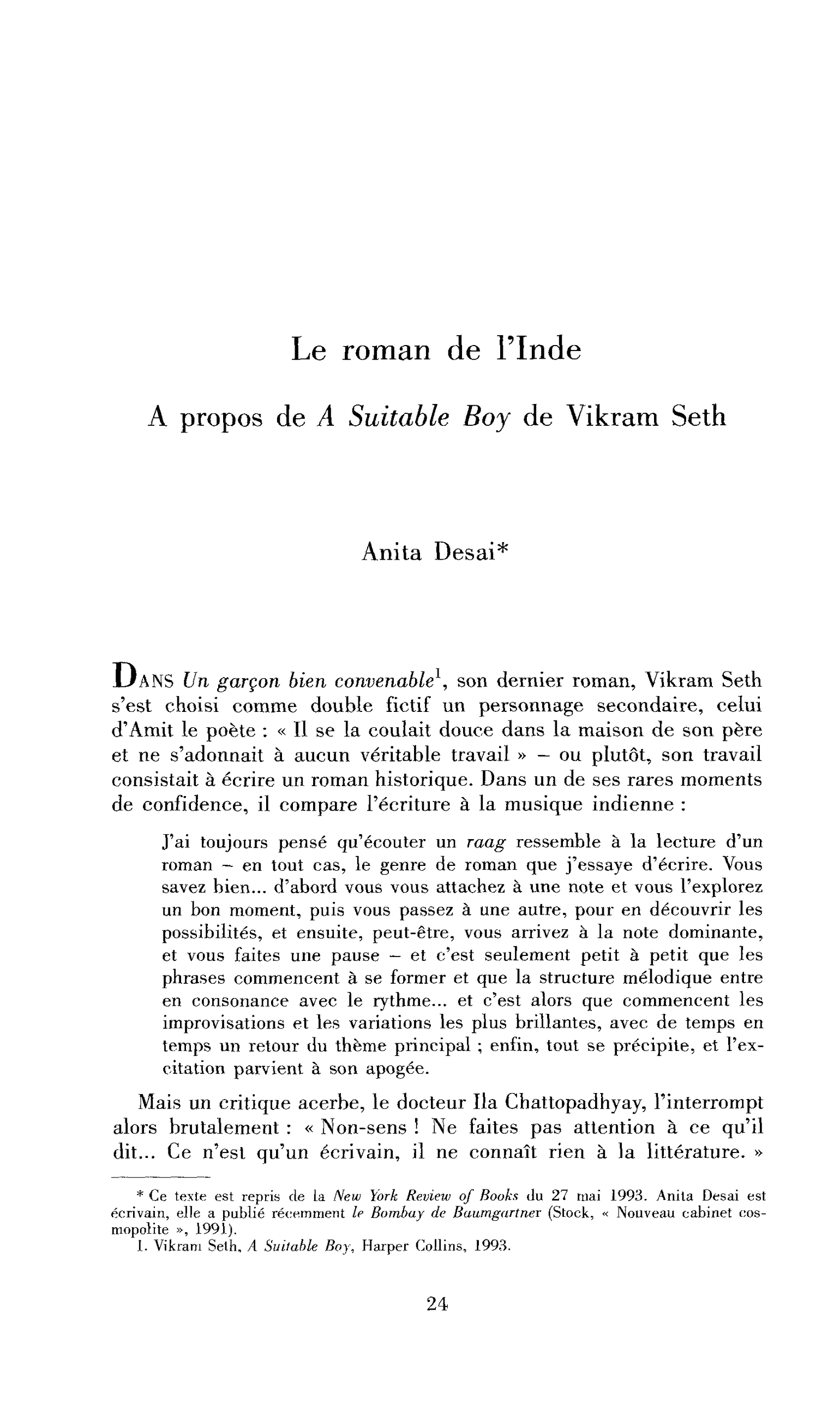 Le roman de l’Inde, à propos de A Suitable Boy de Vikram Seth