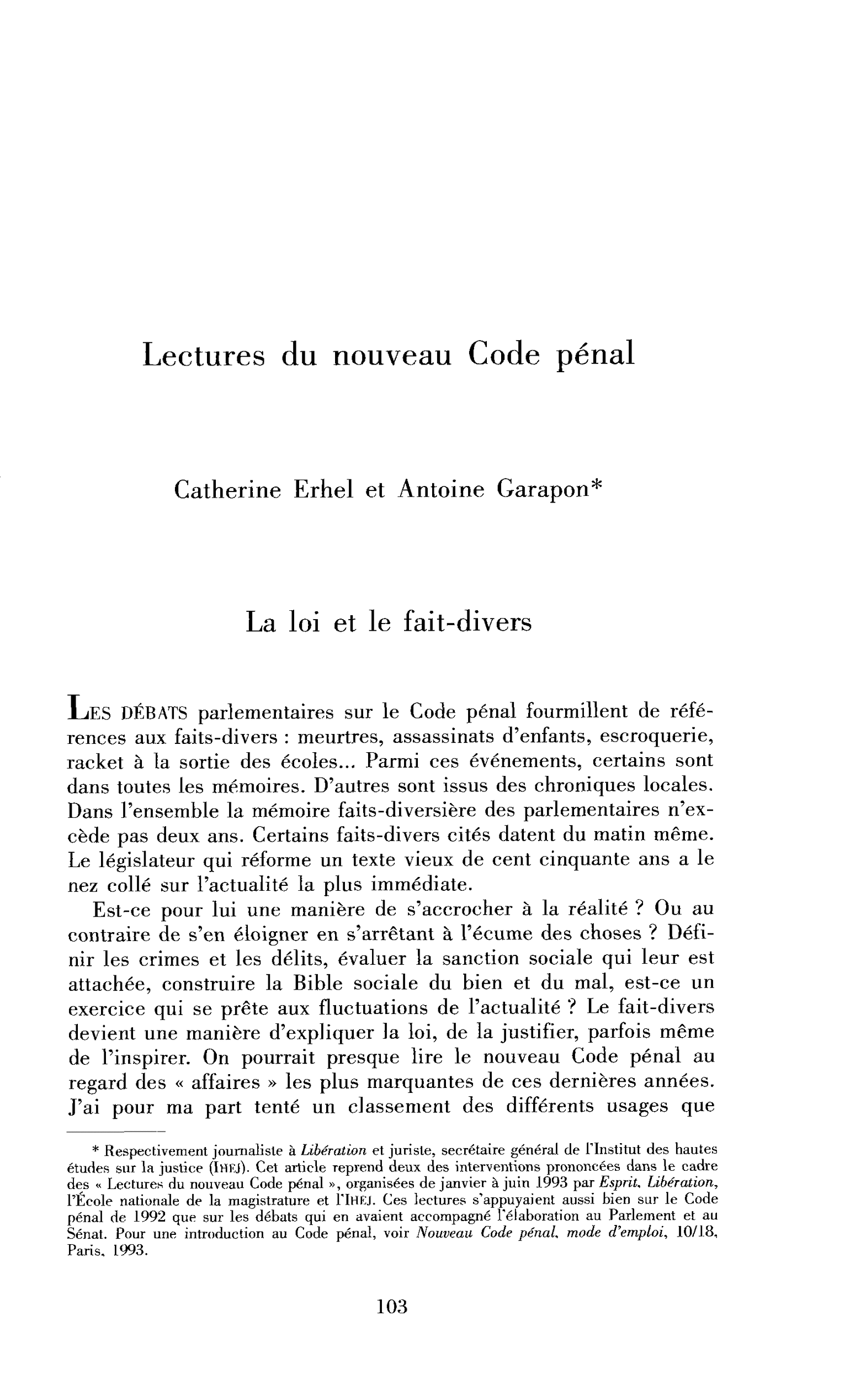 Lectures du nouveau Code pénal